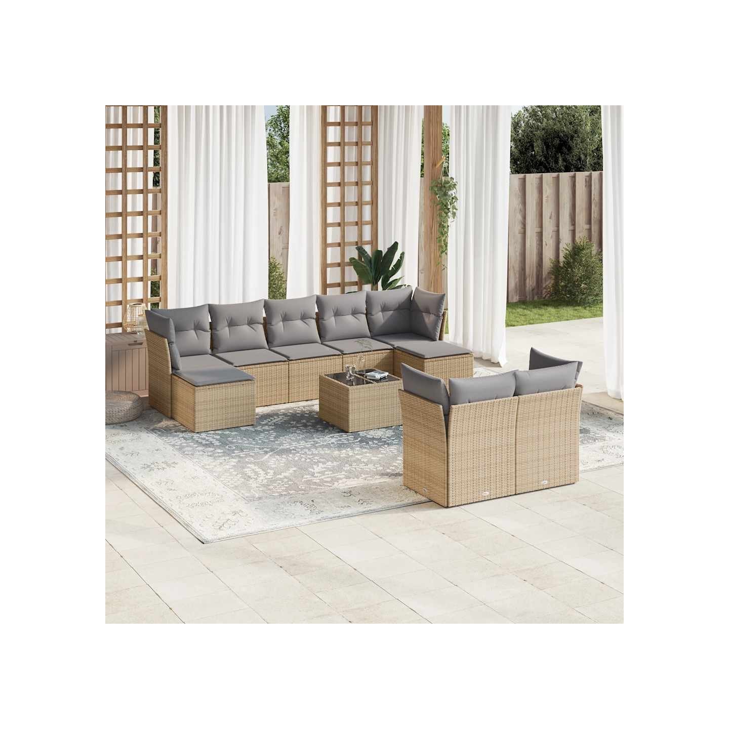 Salon de jardin avec coussins 10 pcs beige résine tressée