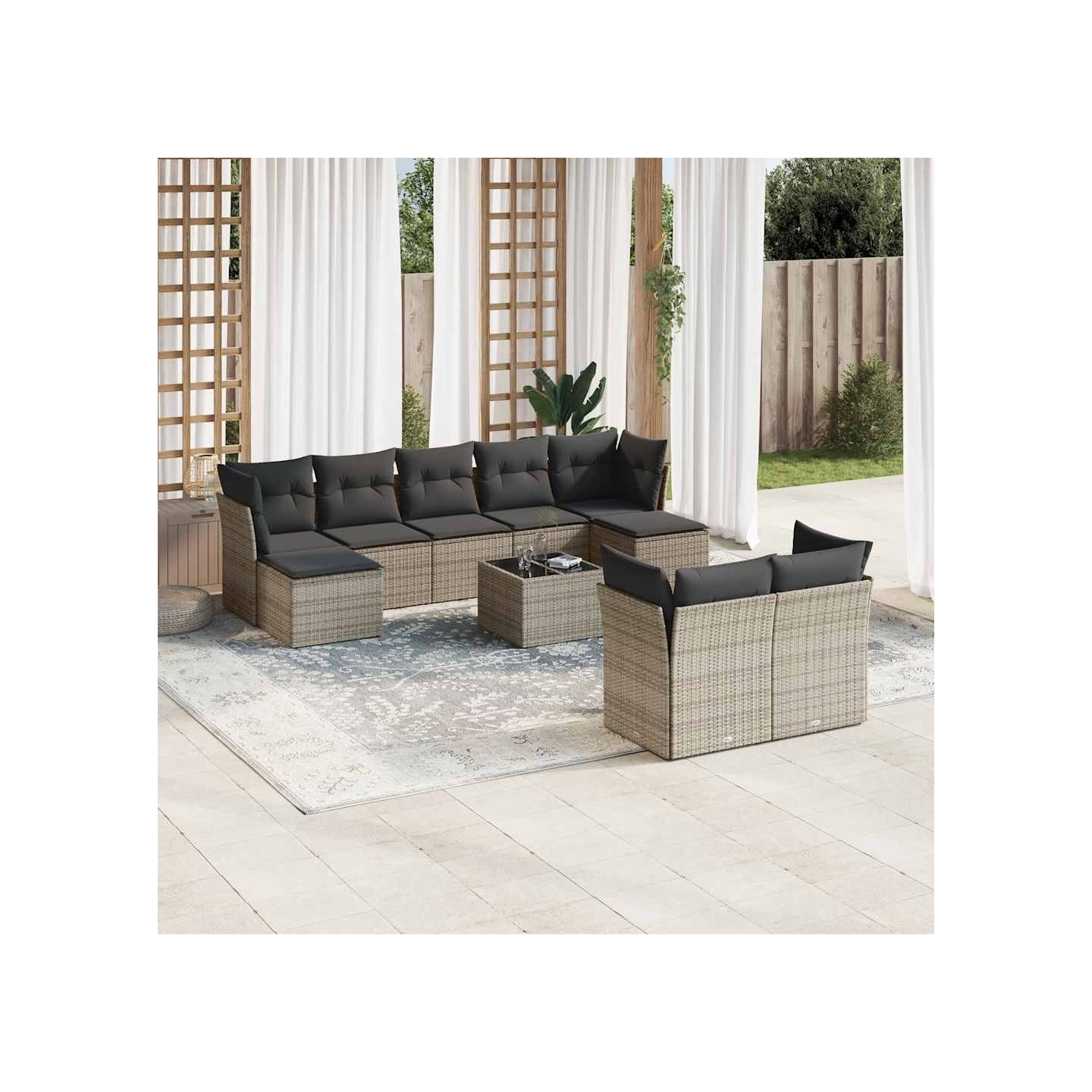 Salon de jardin avec coussins 10 pcs gris résine tressée