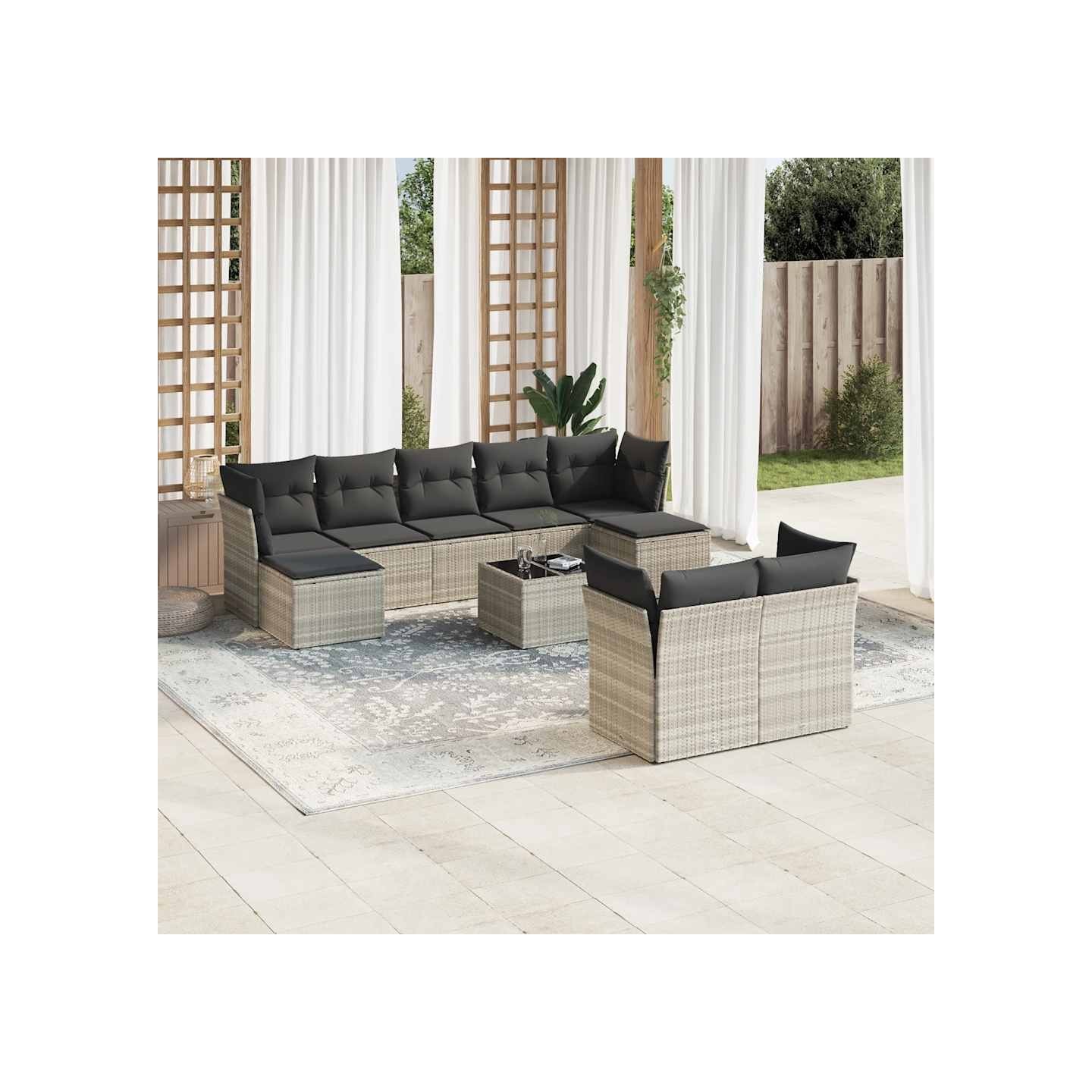 Salon de jardin avec coussins 10 pcs gris clair résine tressée