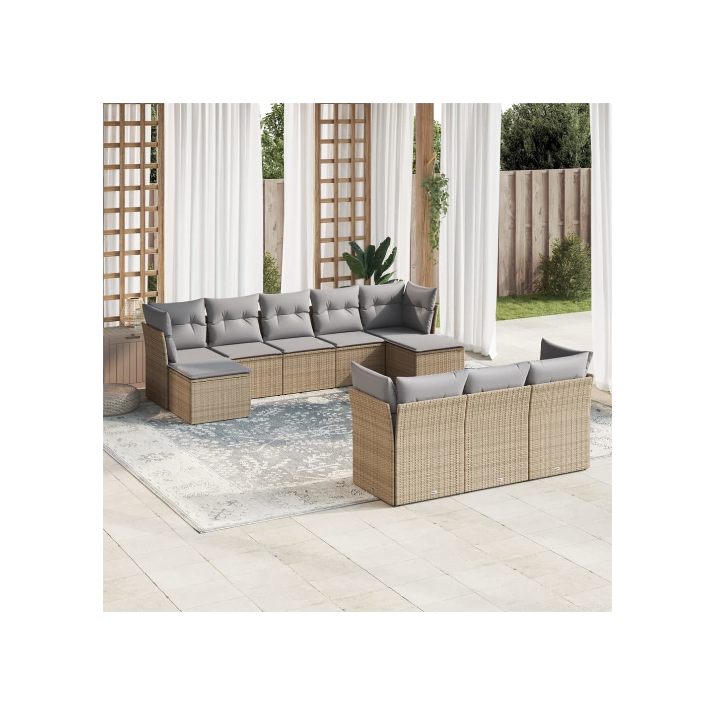 Salon de jardin avec coussins 10 pcs beige résine tressée