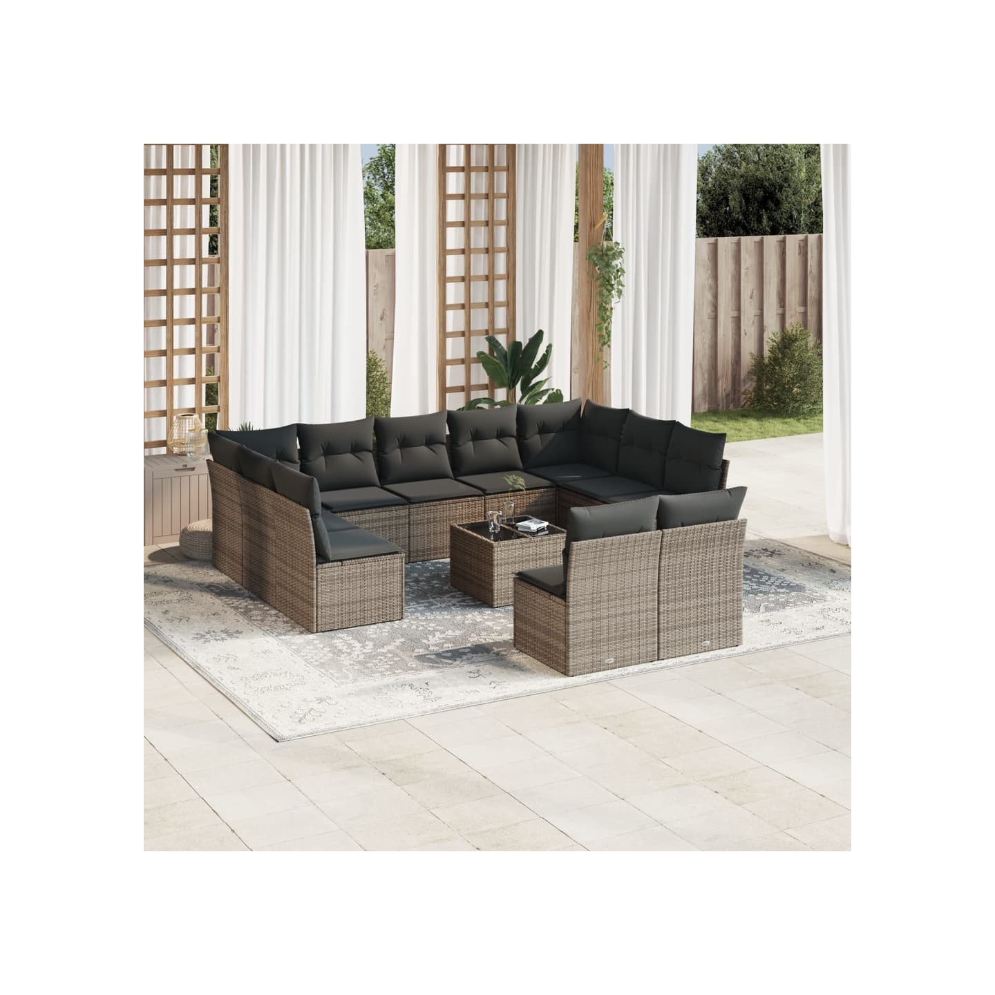 Salon de jardin avec coussins 12 pcs gris résine tressée