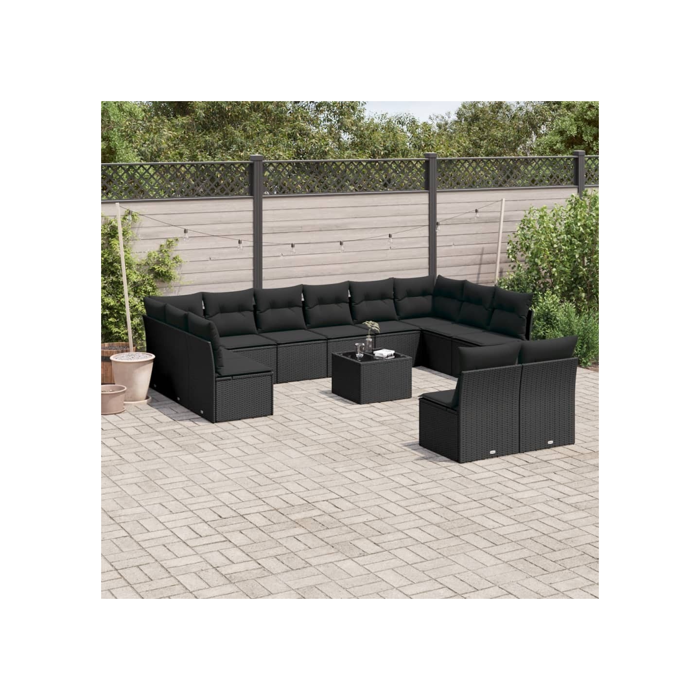 Salon de jardin avec coussins 13 pcs noir résine tressée