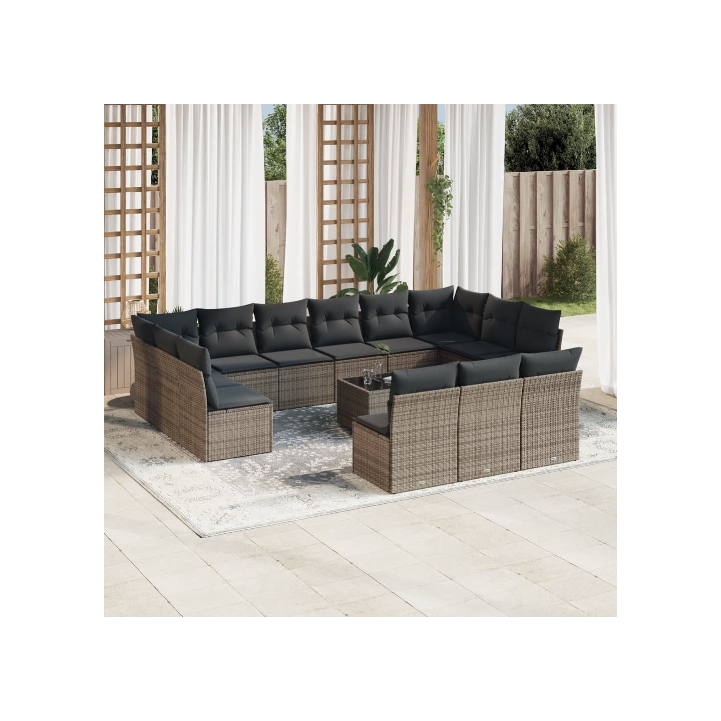 Salon de jardin avec coussins 14 pcs gris résine tressée