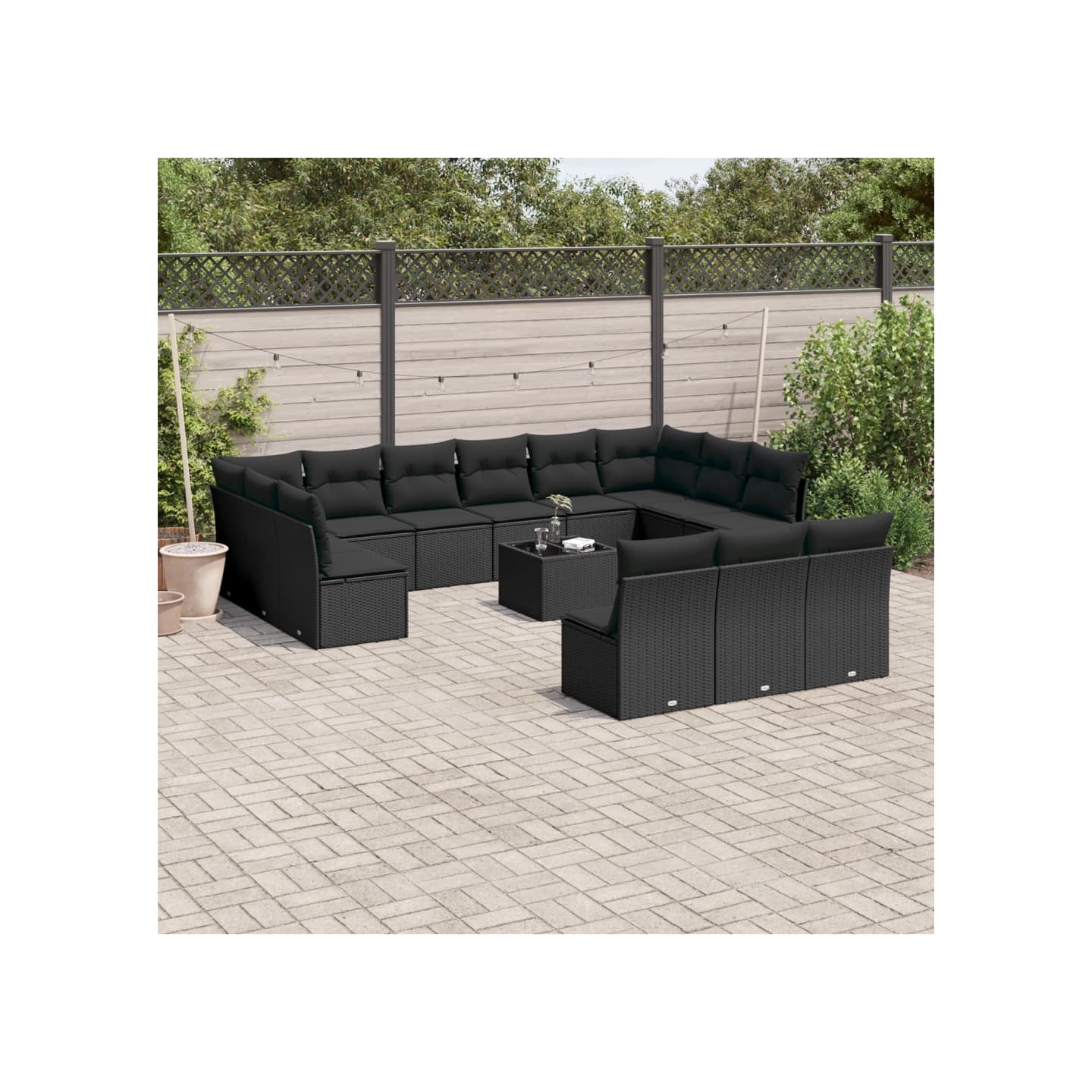 Salon de jardin avec coussins 14 pcs noir résine tressée