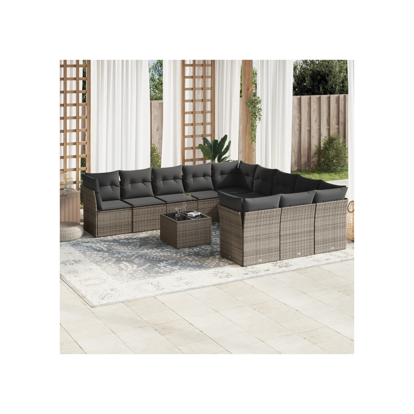 Salon de jardin avec coussins 12 pcs gris résine tressée