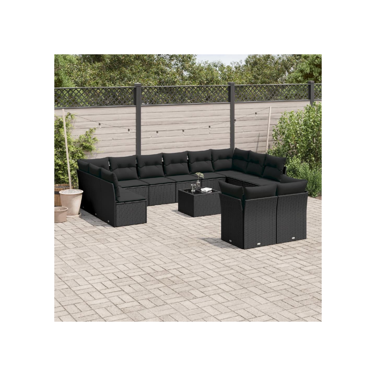 Salon de jardin avec coussins 13 pcs noir résine tressée
