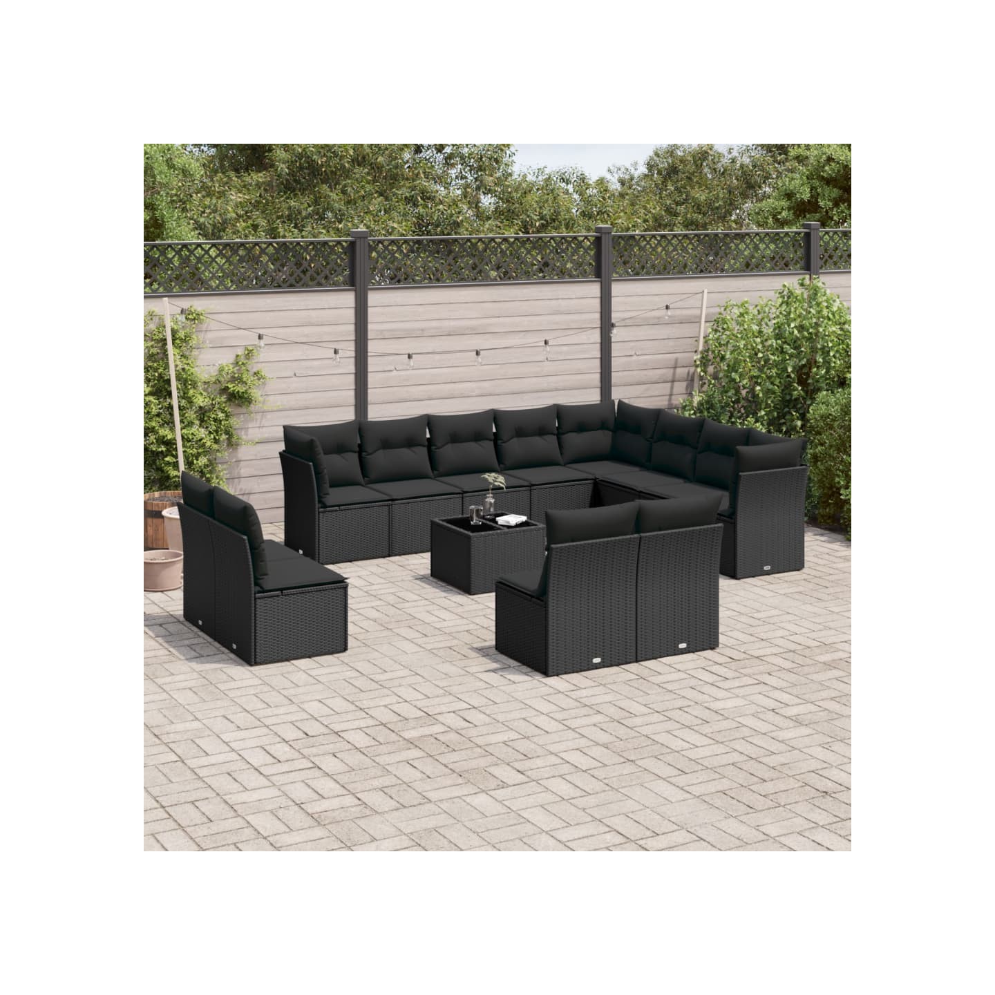 Salon de jardin avec coussins 13 pcs noir résine tressée
