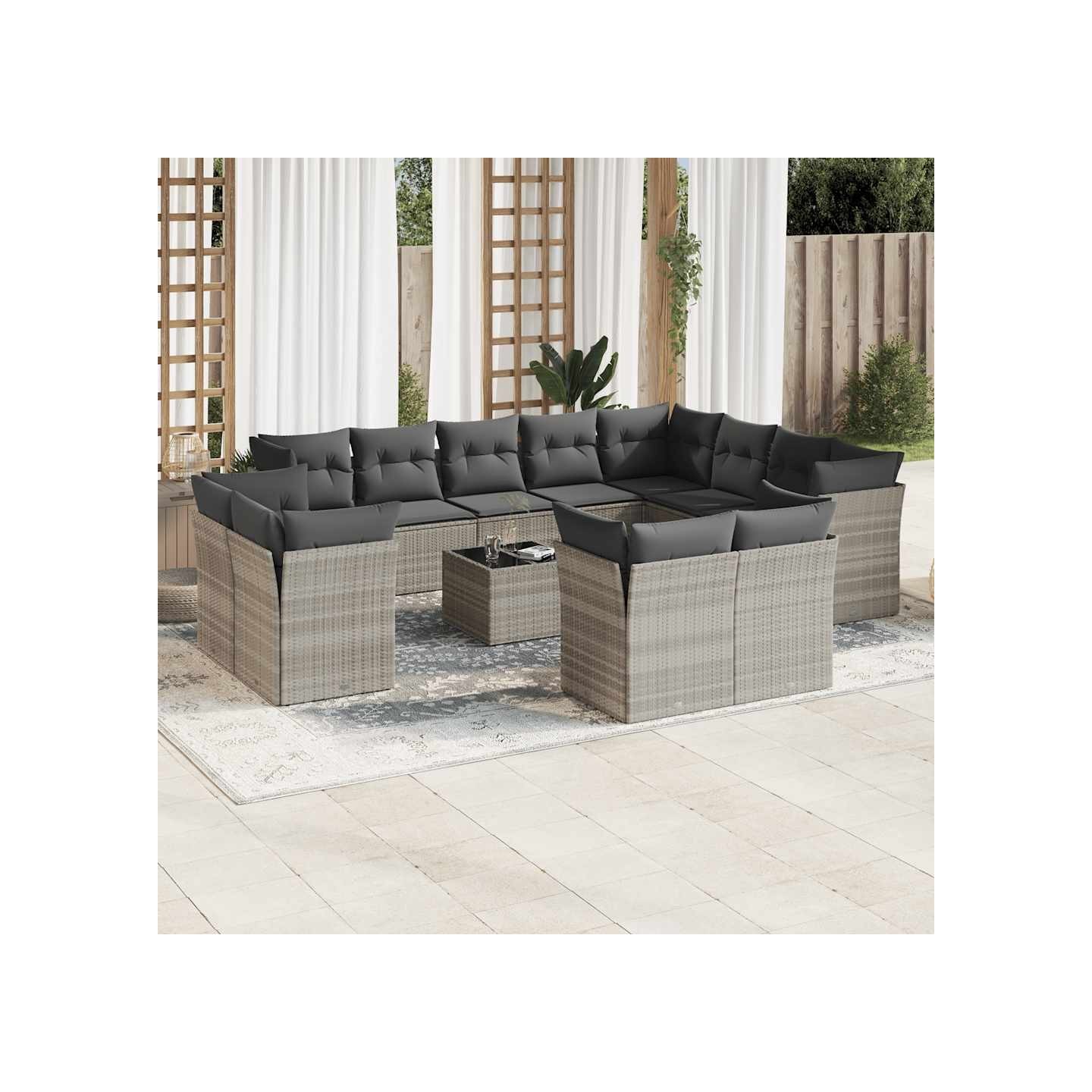Salon de jardin avec coussins 13 pcs gris clair résine tressée