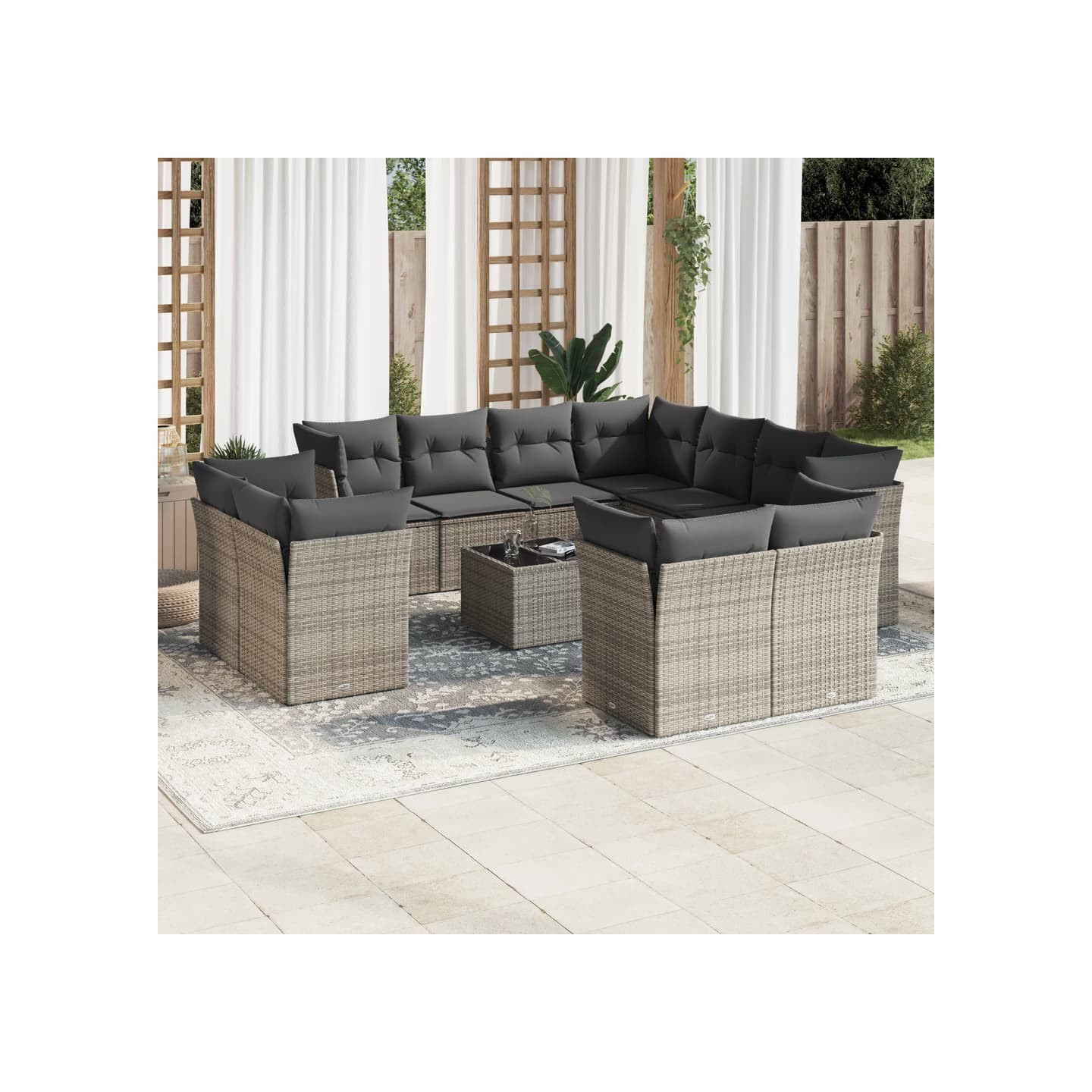 Salon de jardin avec coussins 12 pcs gris résine tressée