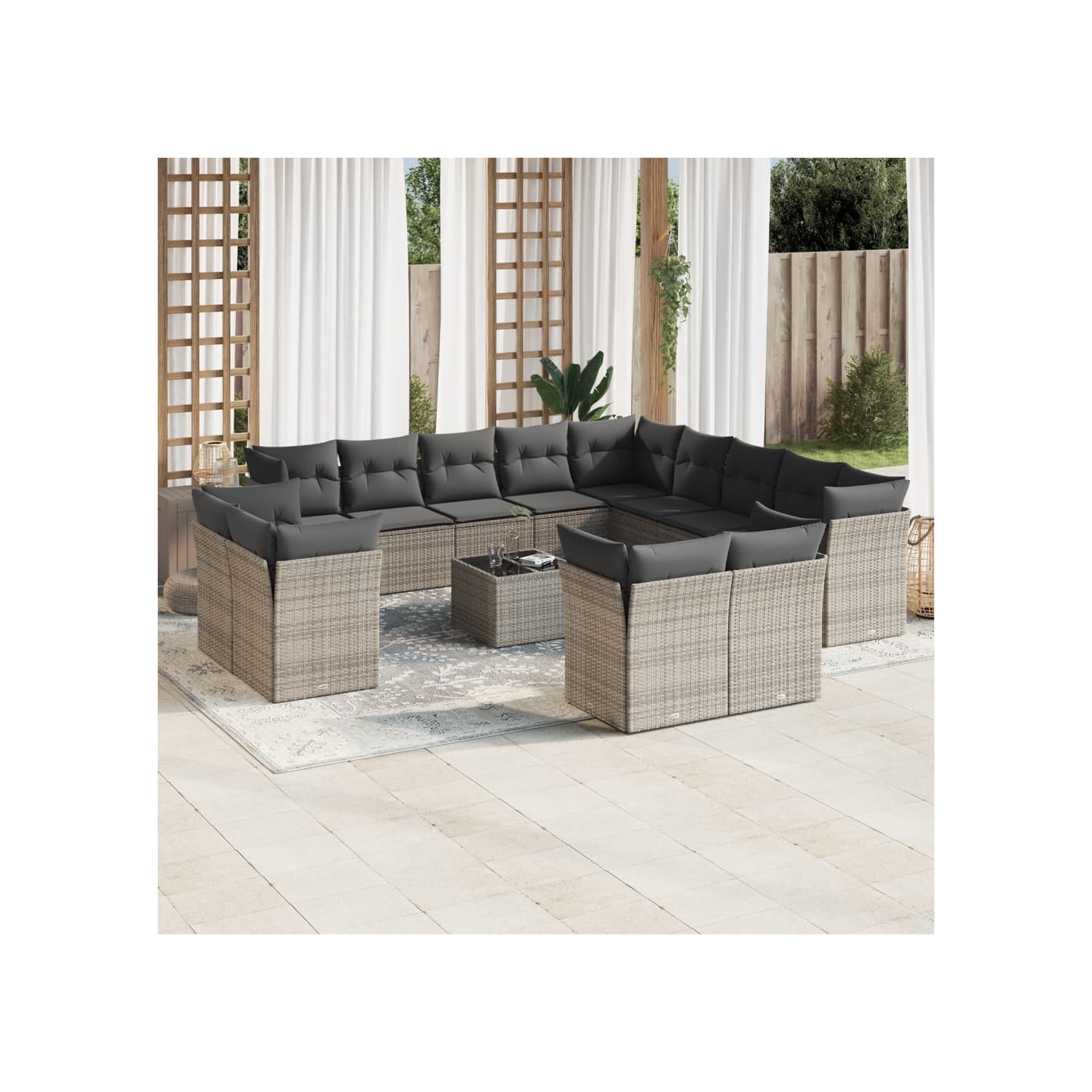 Salon de jardin avec coussins 14 pcs gris résine tressée