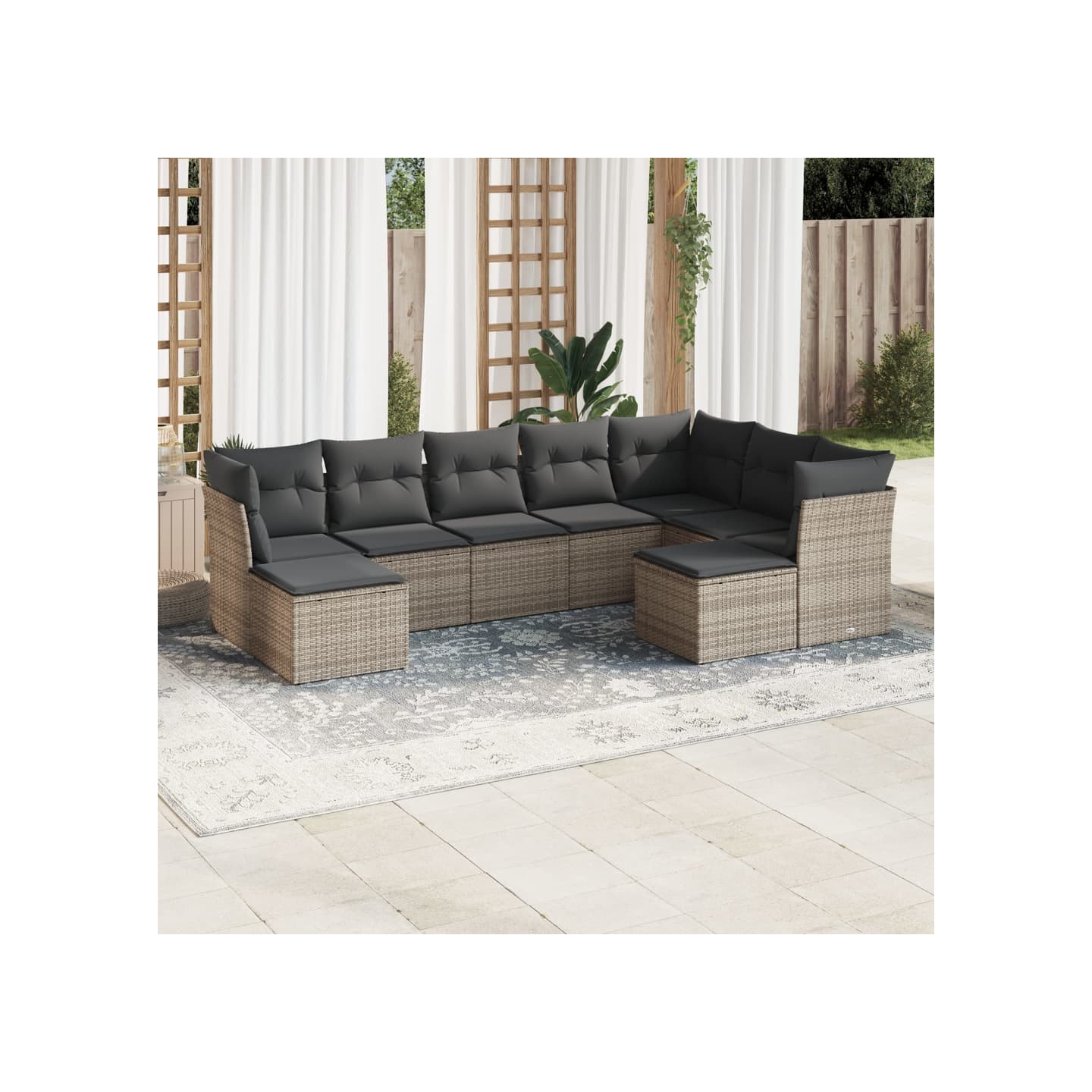 Salon de jardin 9 pcs avec coussins gris résine tressée