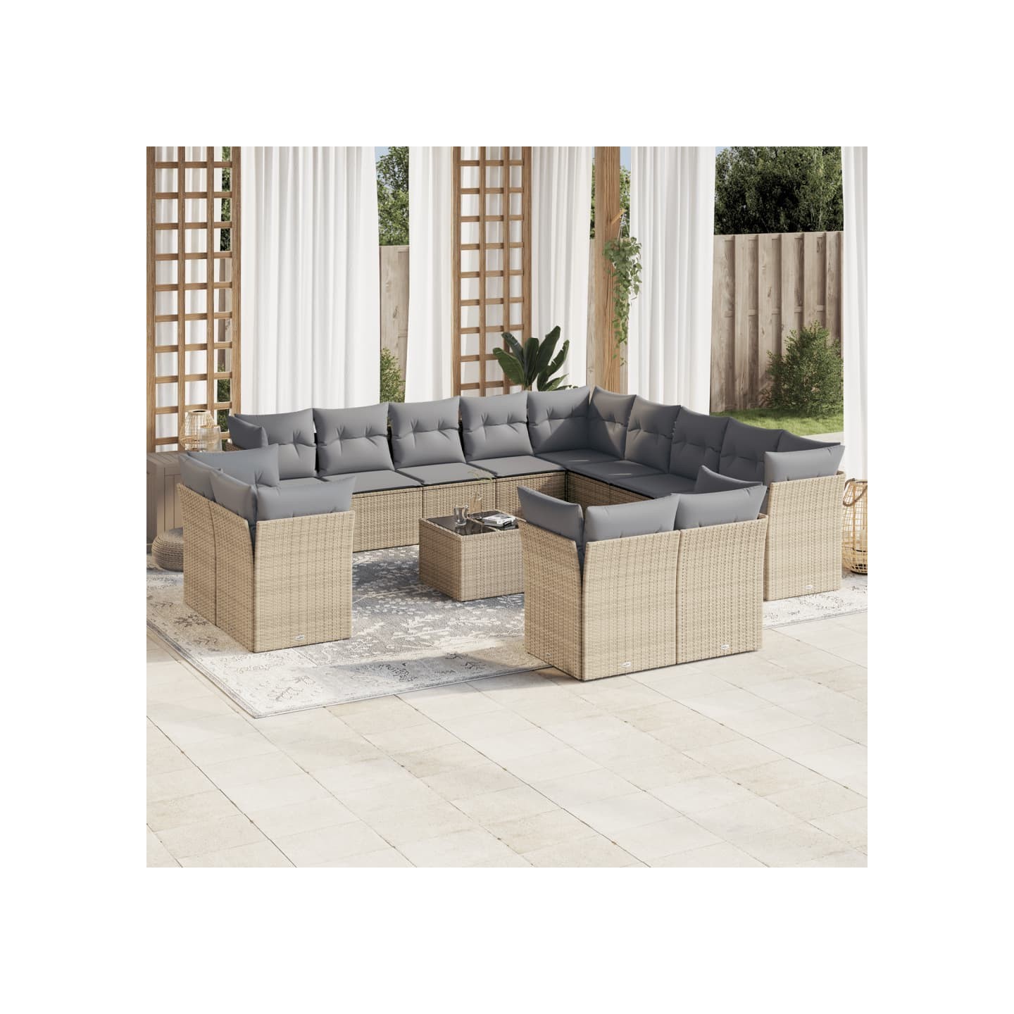 Salon de jardin avec coussins 14 pcs beige résine tressée