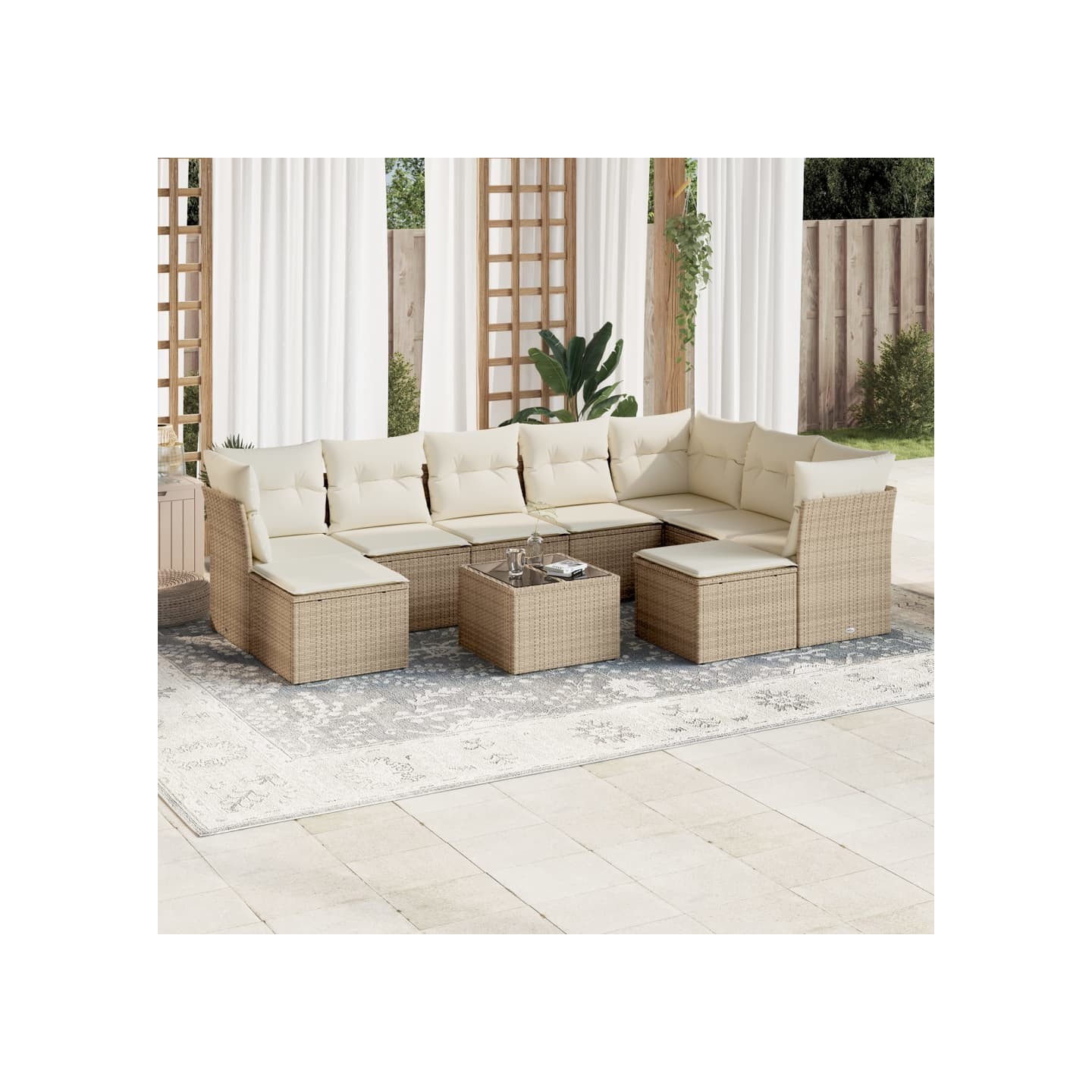 Salon de jardin avec coussins 10 pcs beige résine tressée