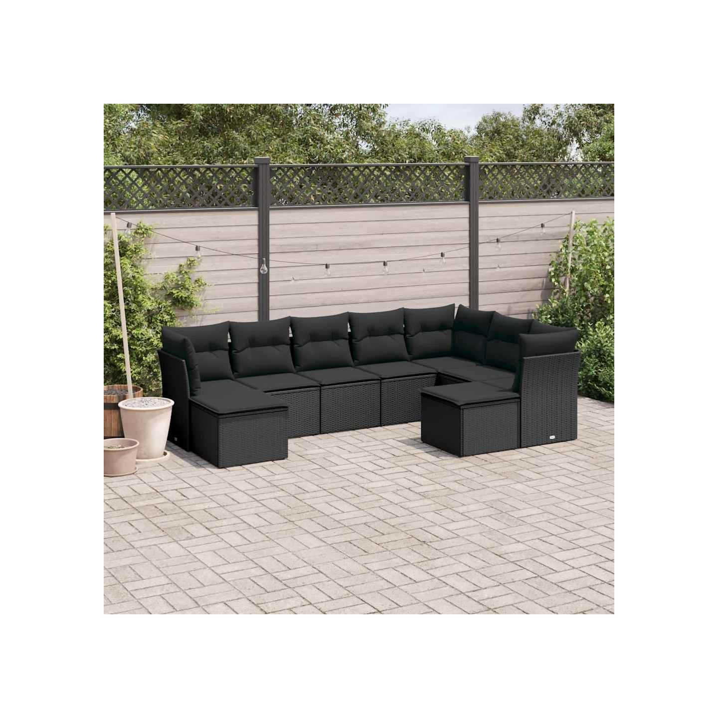 Salon de jardin 9 pcs avec coussins noir résine tressée