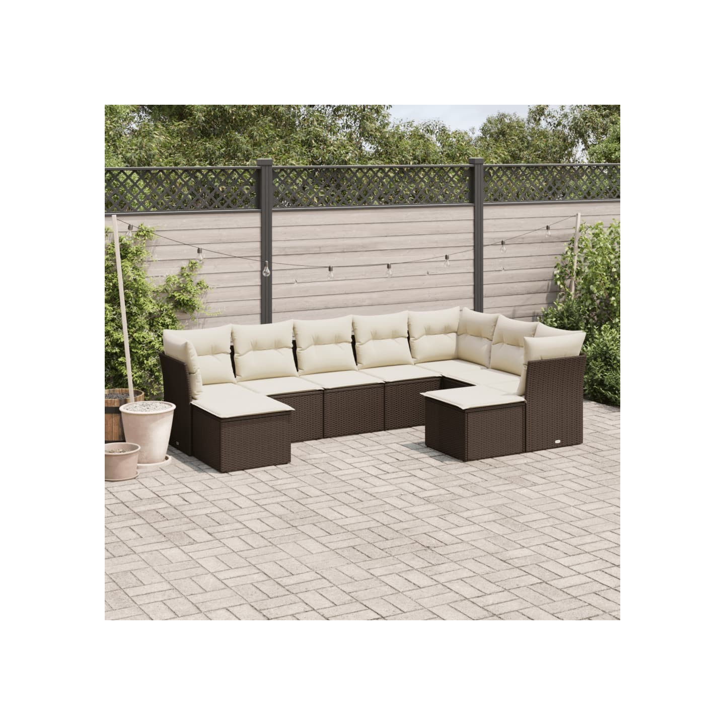 Salon de jardin avec coussins 9 pcs marron résine tressée