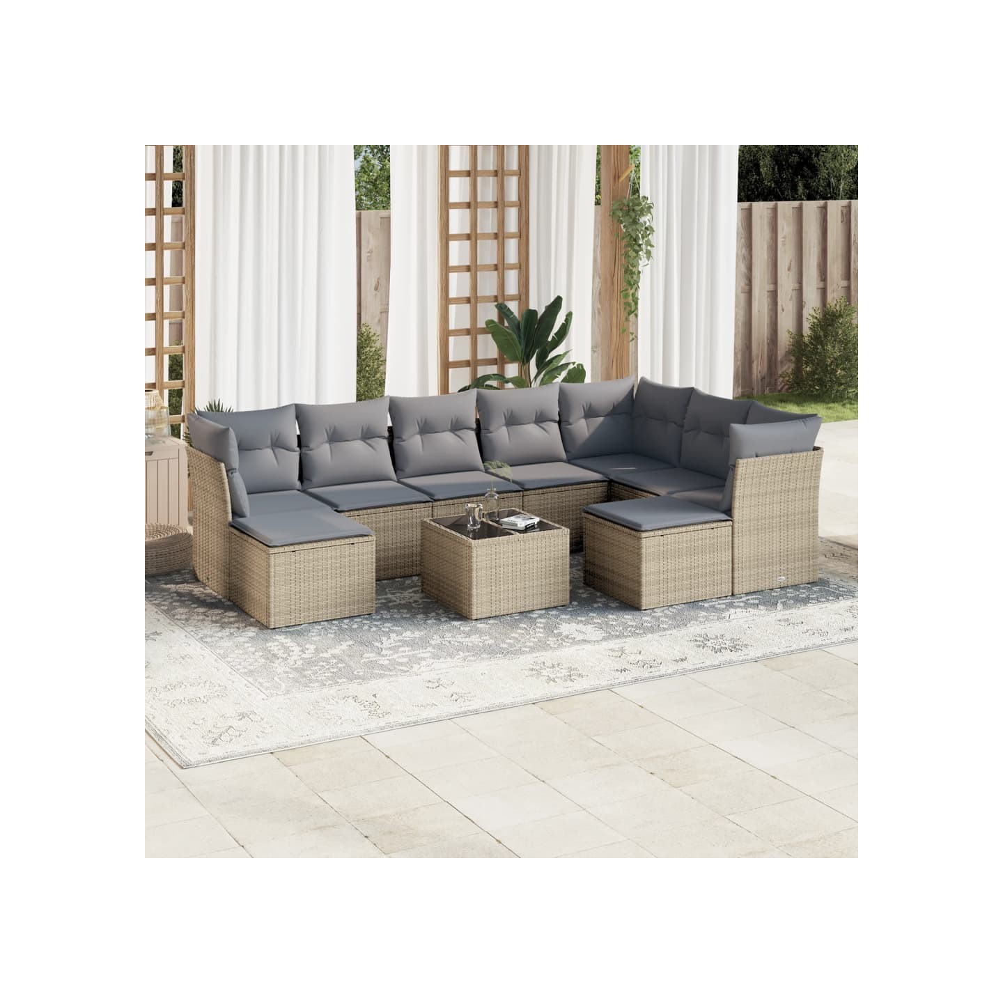 Salon de jardin avec coussins 10 pcs beige résine tressée