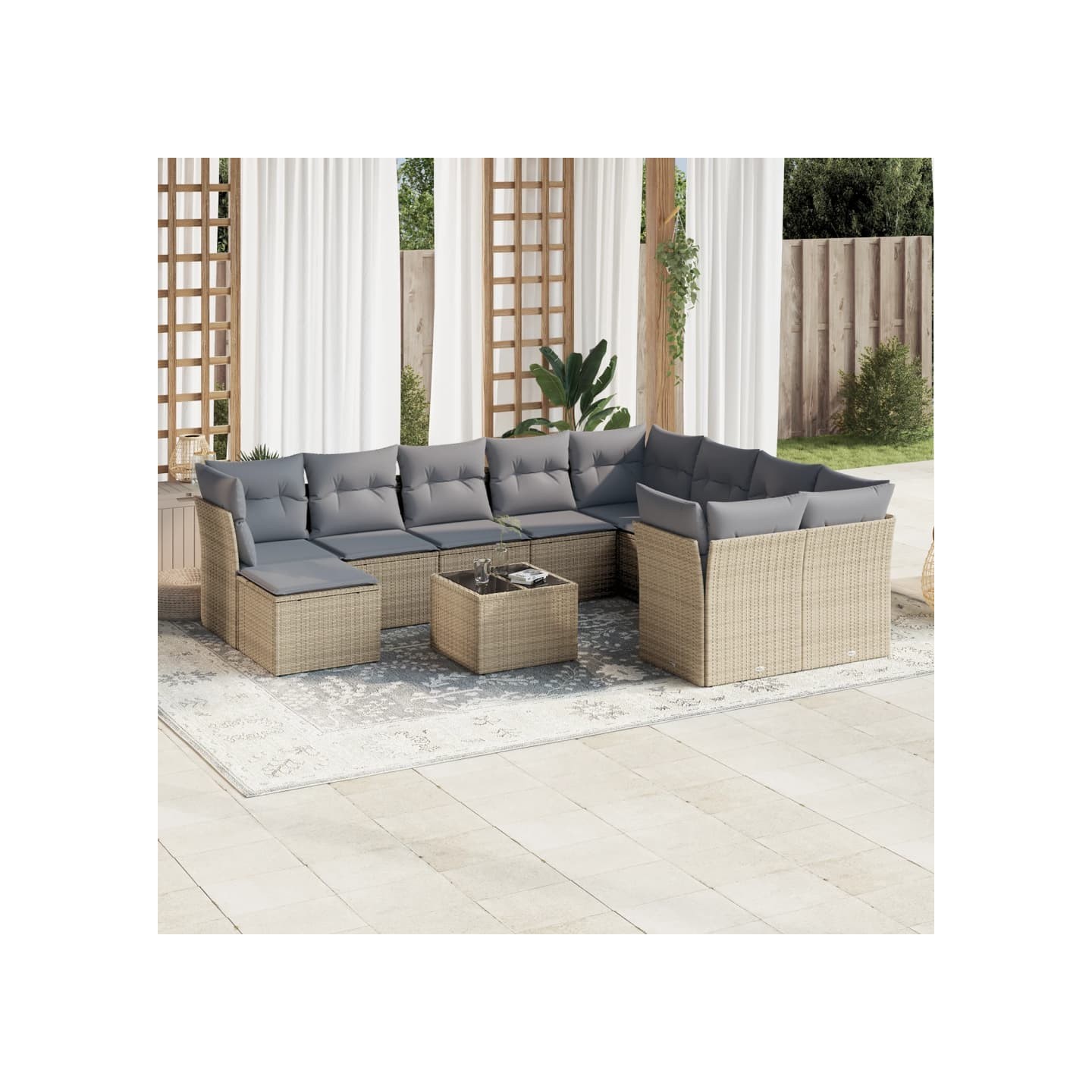 Salon de jardin 11 pcs avec coussins beige résine tressée