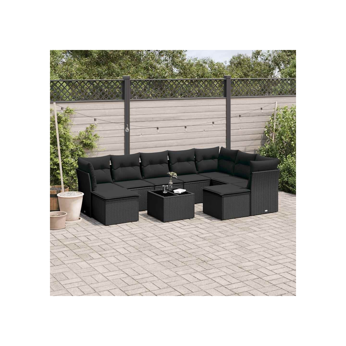 Salon de jardin 10 pcs avec coussins noir résine tressée