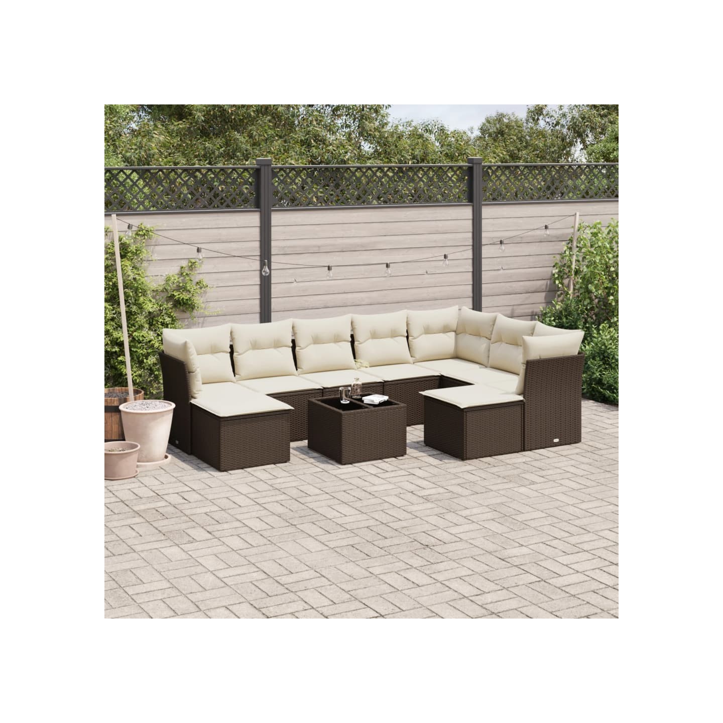 Salon de jardin 10 pcs avec coussins marron résine tressée