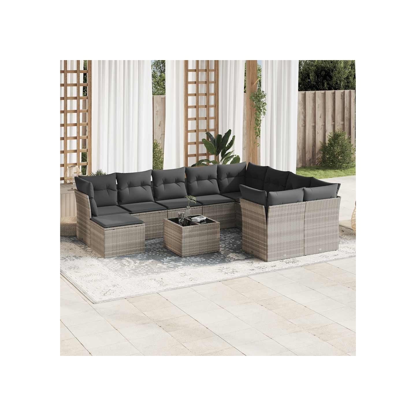 Salon de jardin 11 pcs avec coussins gris clair résine tressée