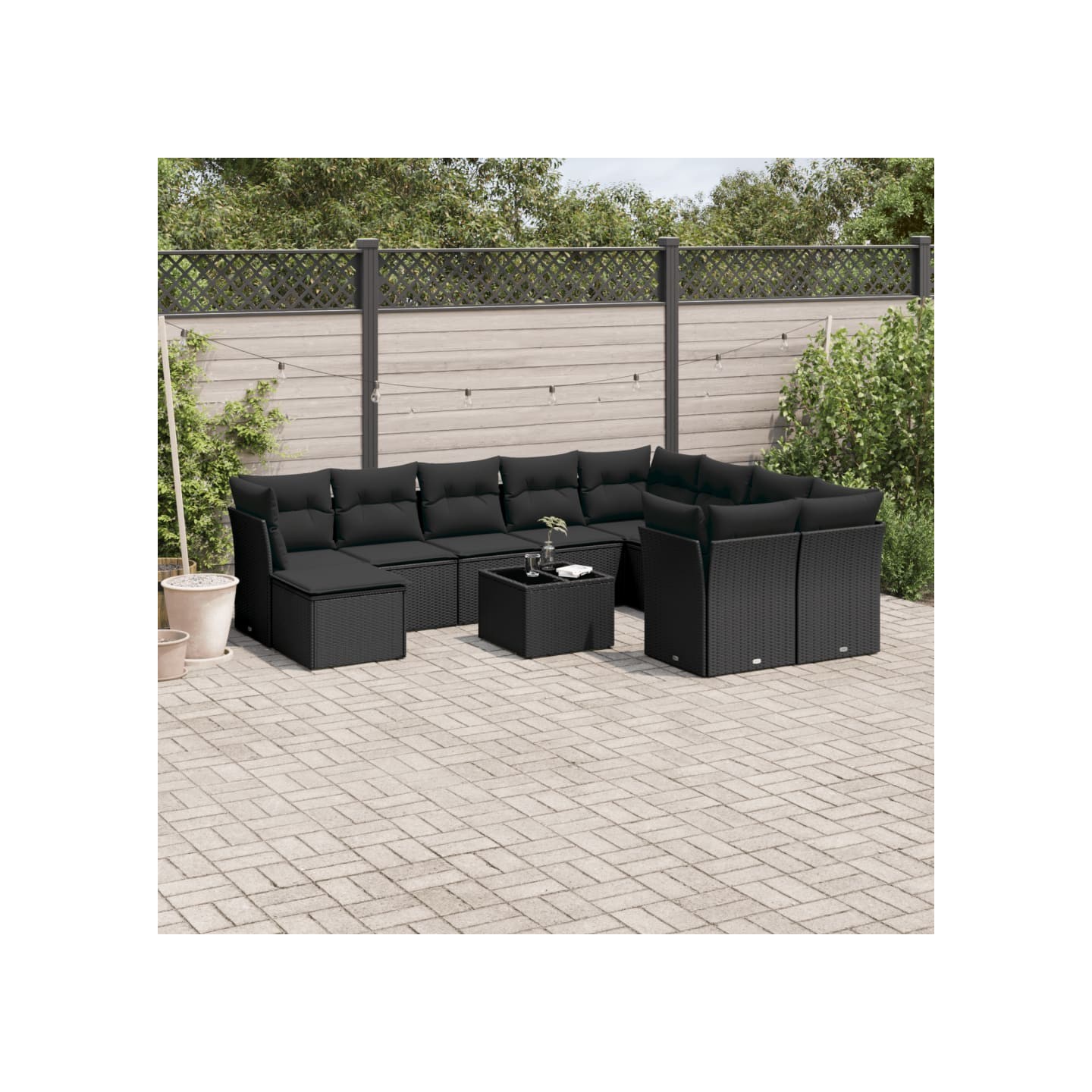 Salon de jardin 11 pcs avec coussins noir résine tressée