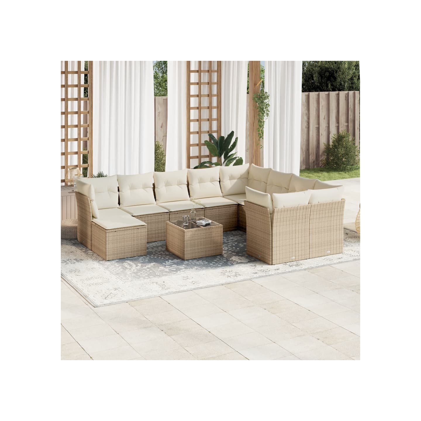 Salon de jardin 11 pcs avec coussins beige résine tressée