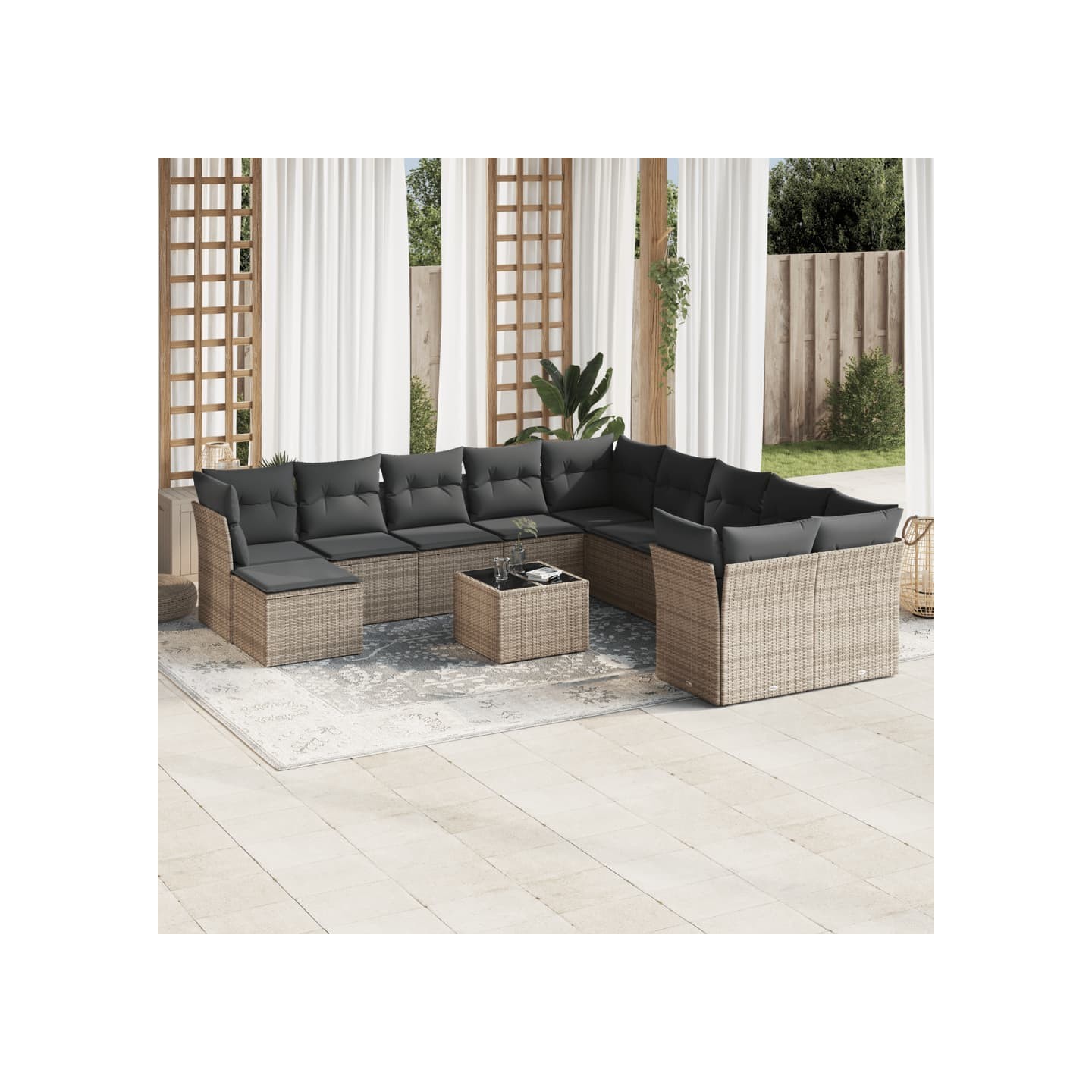 Salon de jardin avec coussins 12 pcs gris résine tressée