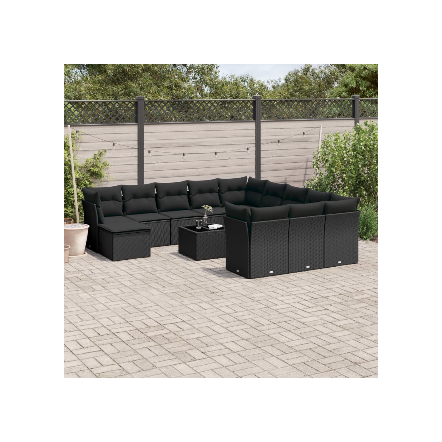 Salon de jardin avec coussins 13 pcs noir résine tressée