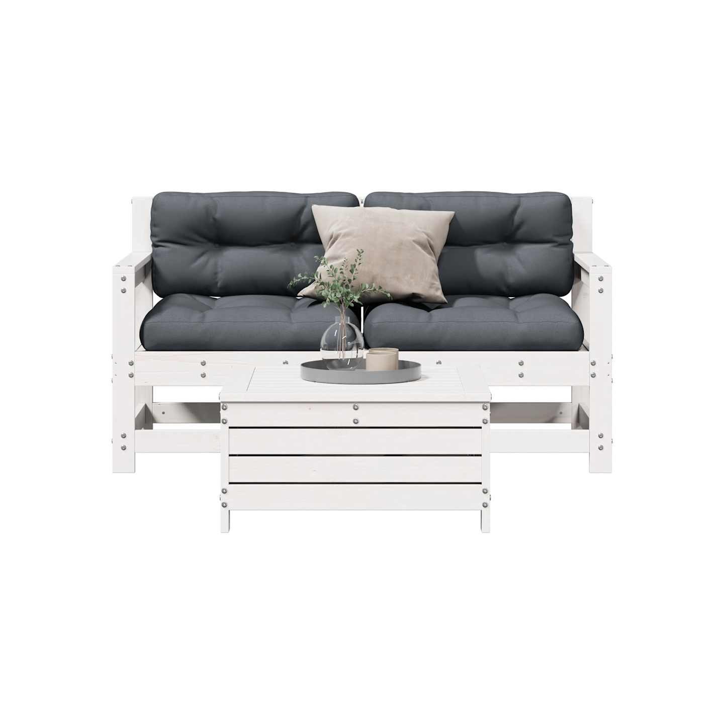 Salon de jardin 3 pcs avec coussins blanc bois de pin massif