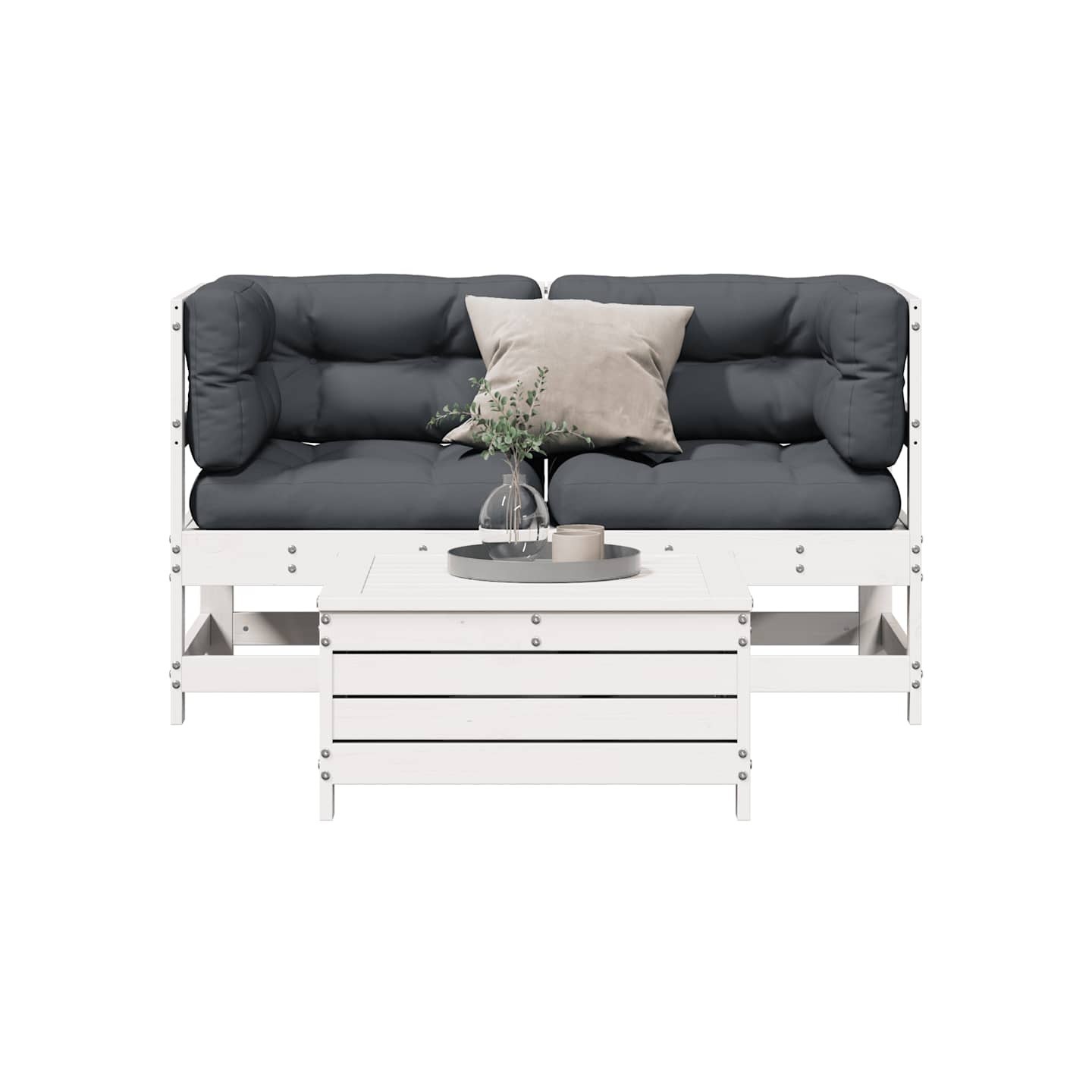 Salon de jardin 3 pcs avec coussins blanc bois de pin massif