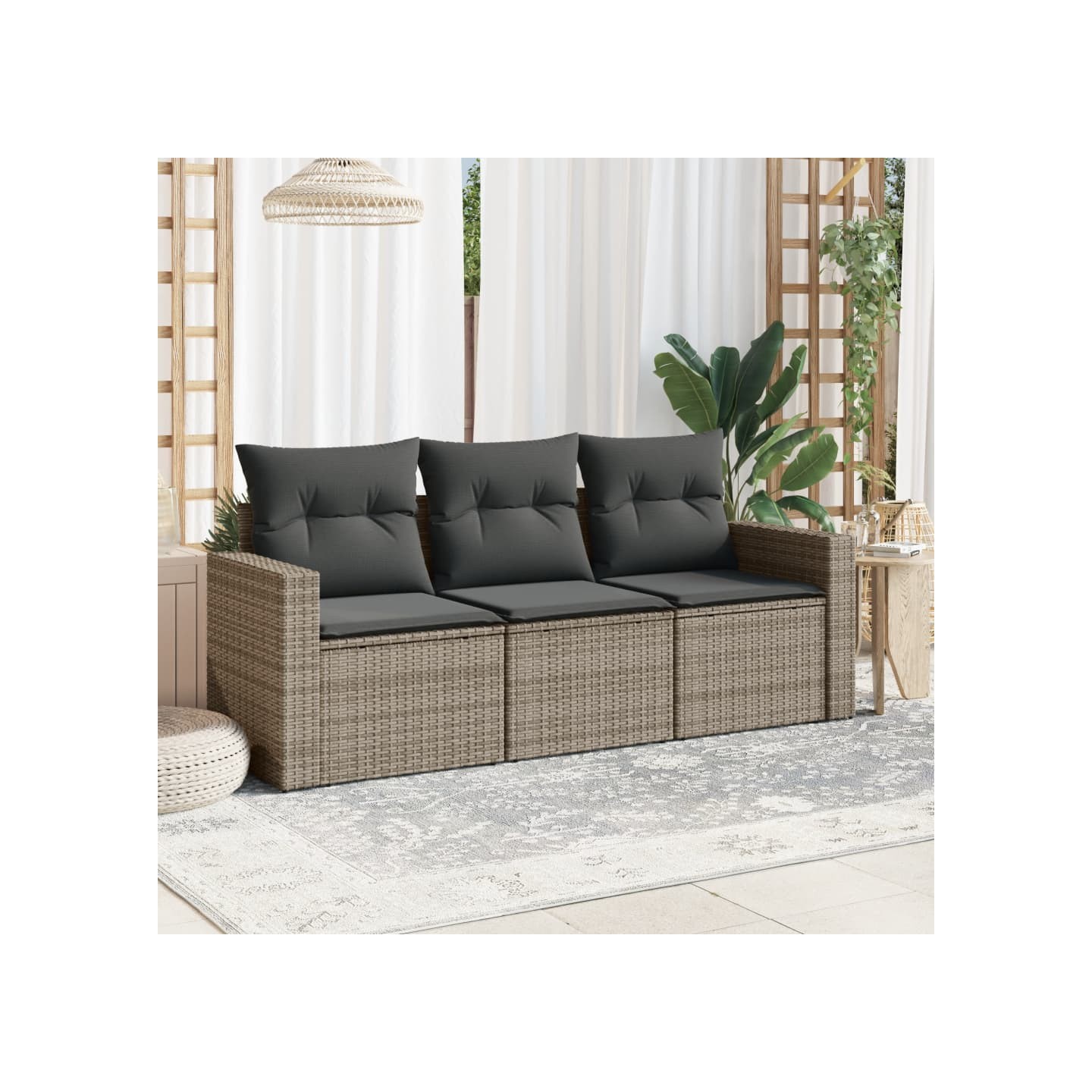 Salon de jardin avec coussins 3 pcs gris résine tressée