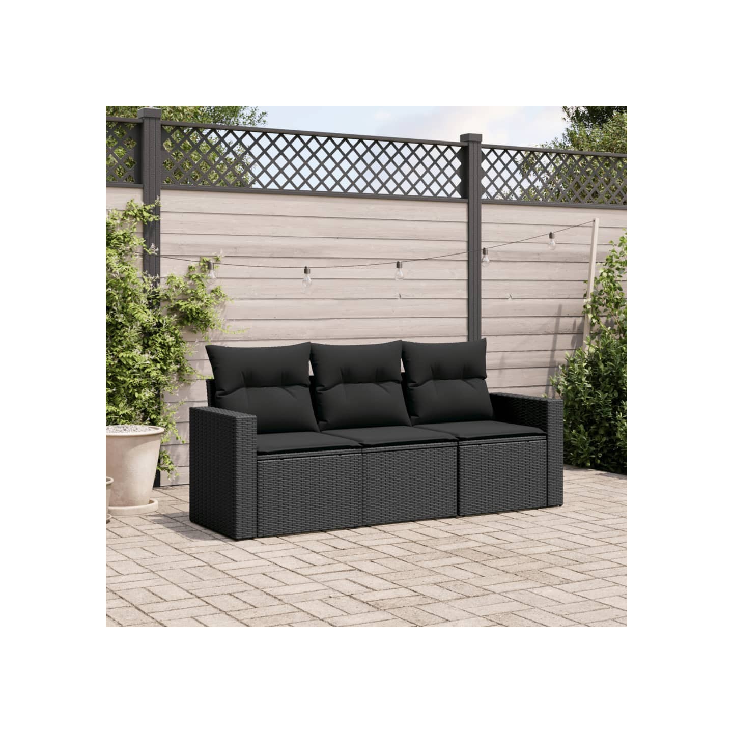 Salon de jardin 3 pcs avec coussins noir résine tressée