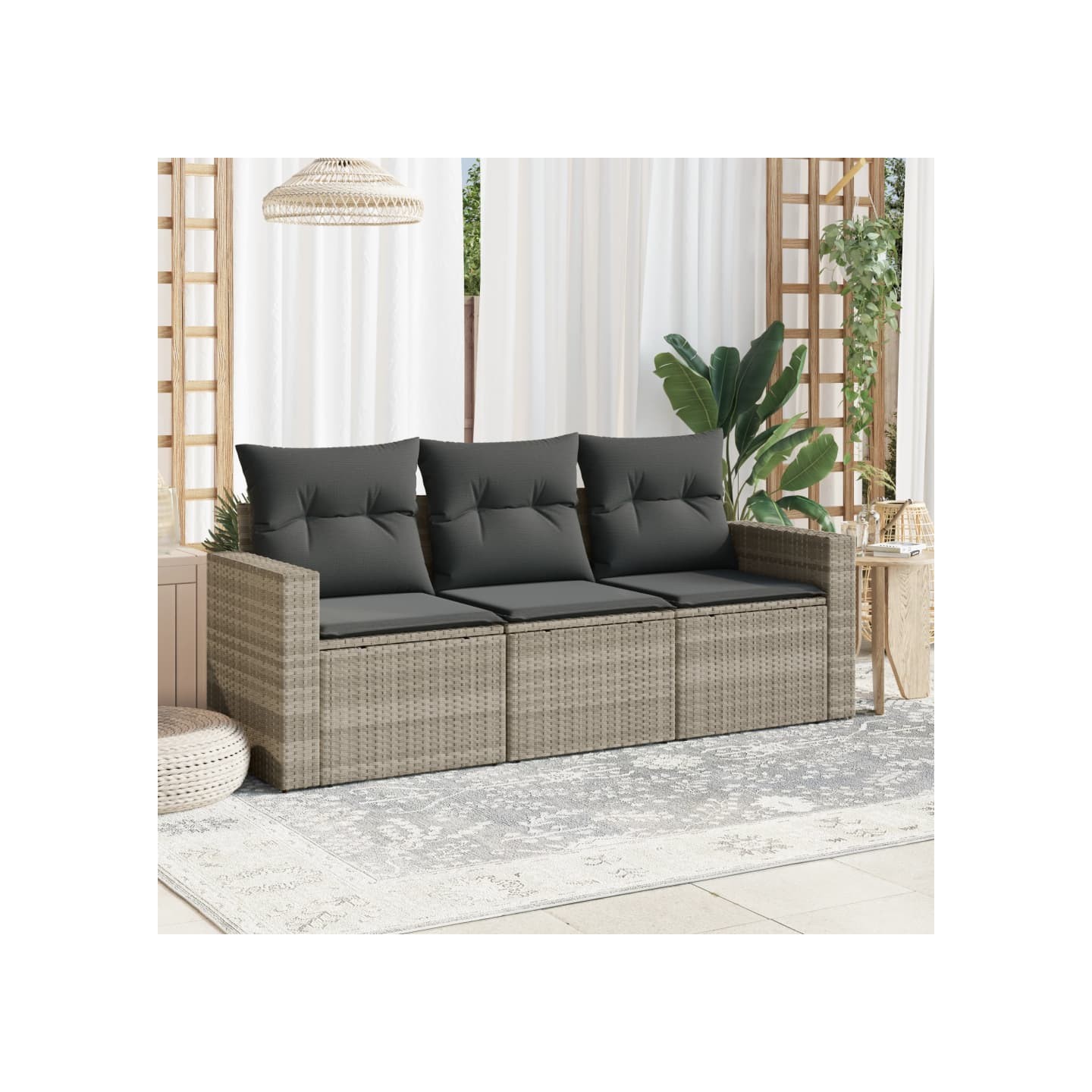 Salon de jardin avec coussins 3 pcs gris clair résine tressée