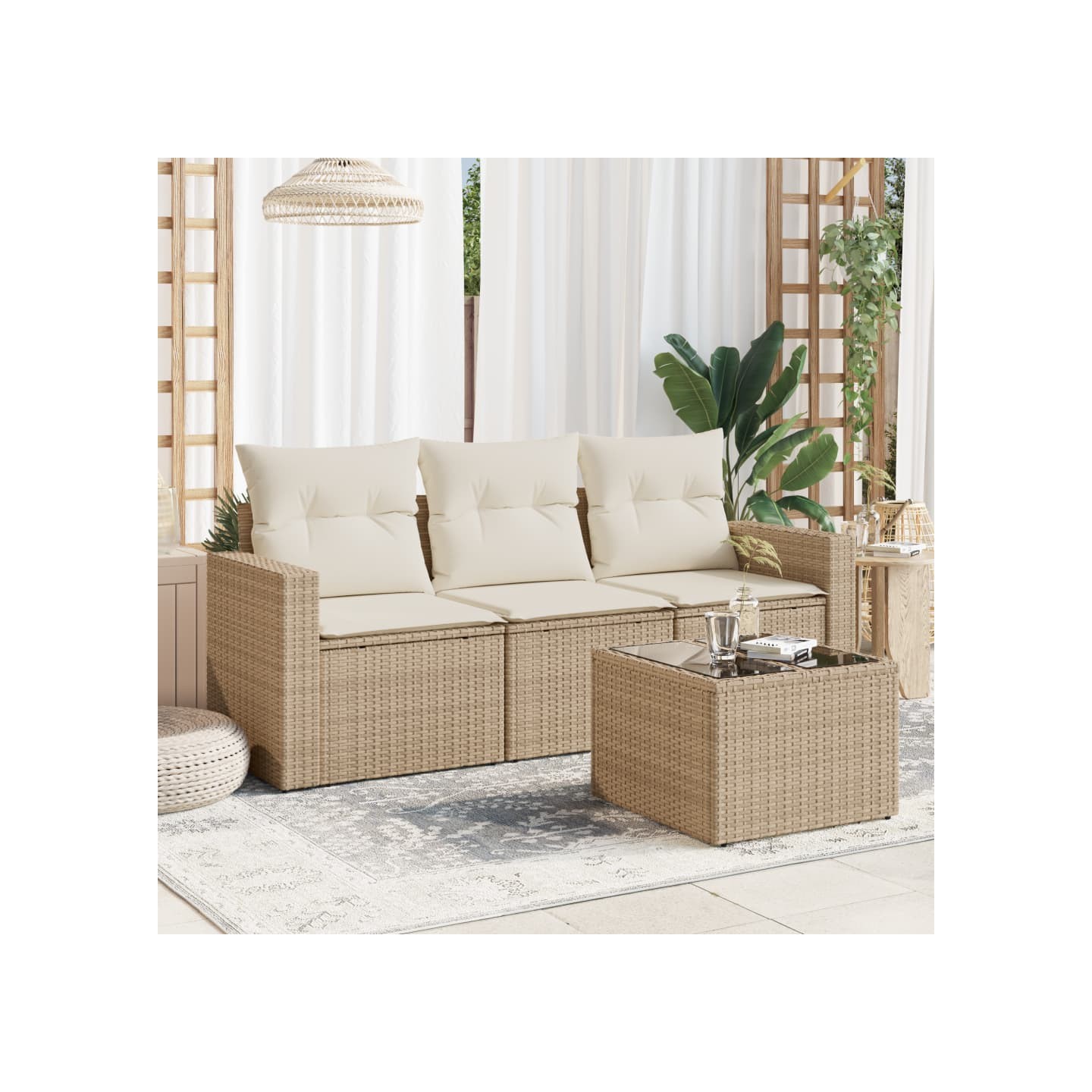 Ensemble de canapé de jardin 4 pcs avec coussins beige résine tressée