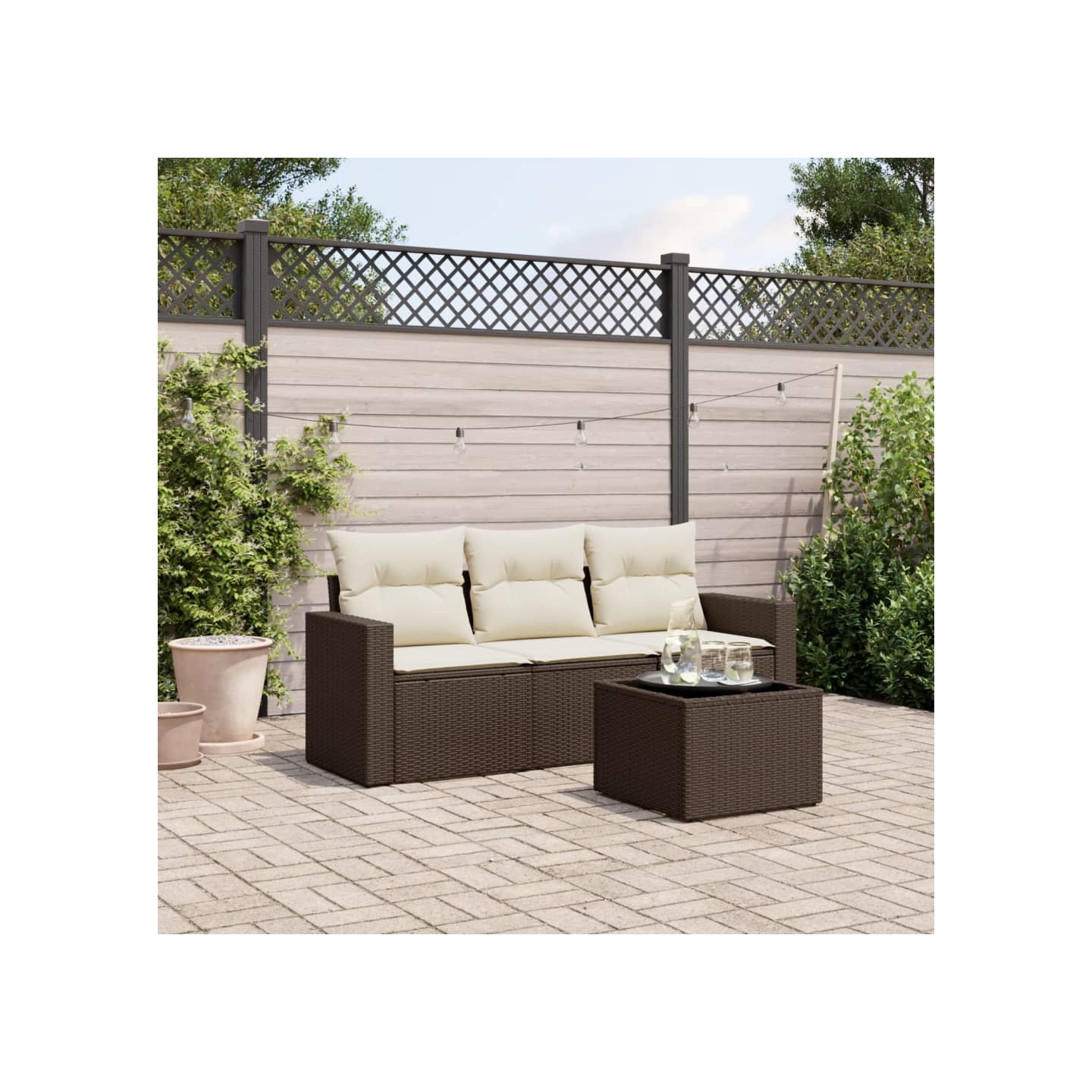 Salon de jardin 4 pcs avec coussins marron résine tressée