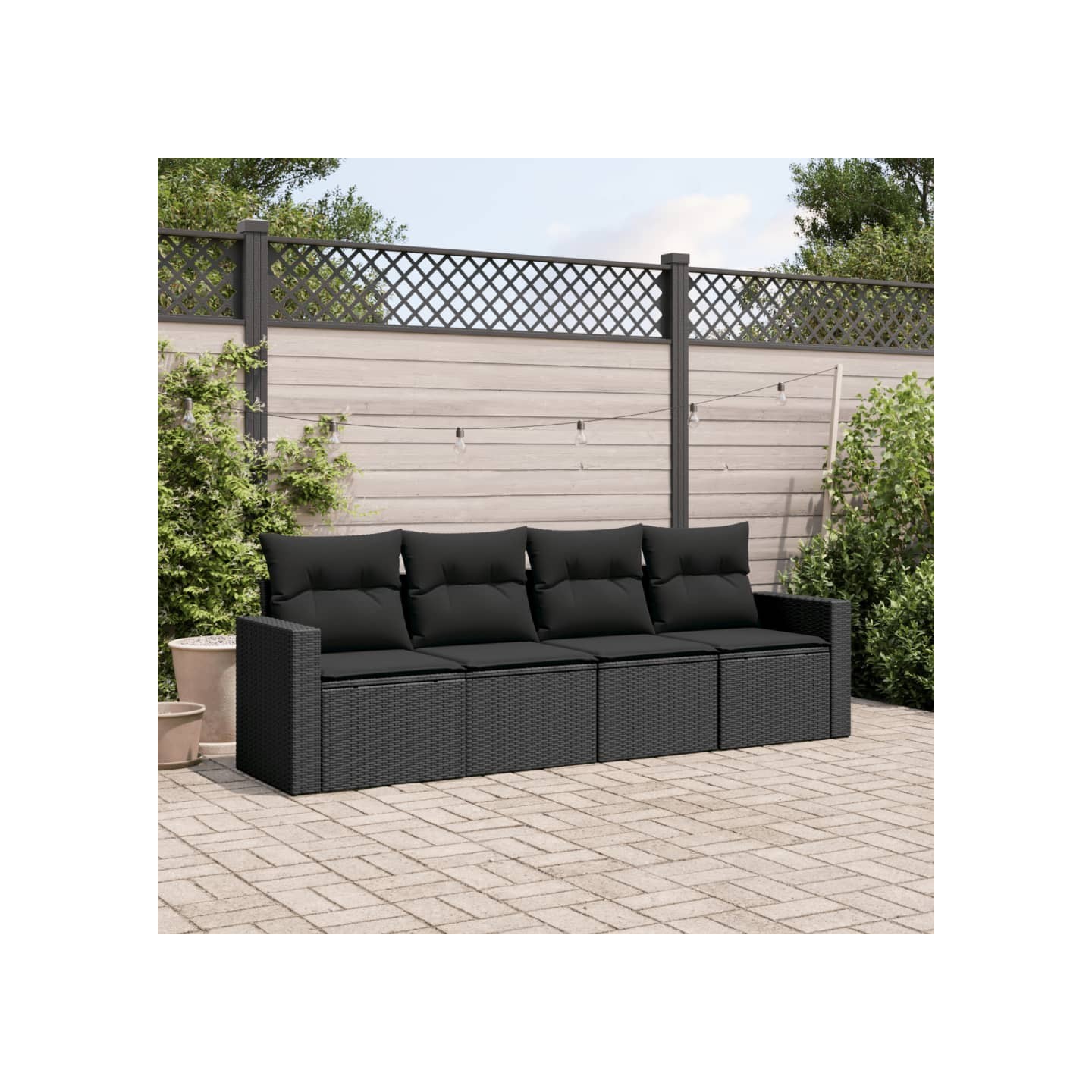 Salon de jardin 4 pcs avec coussins noir résine tressée