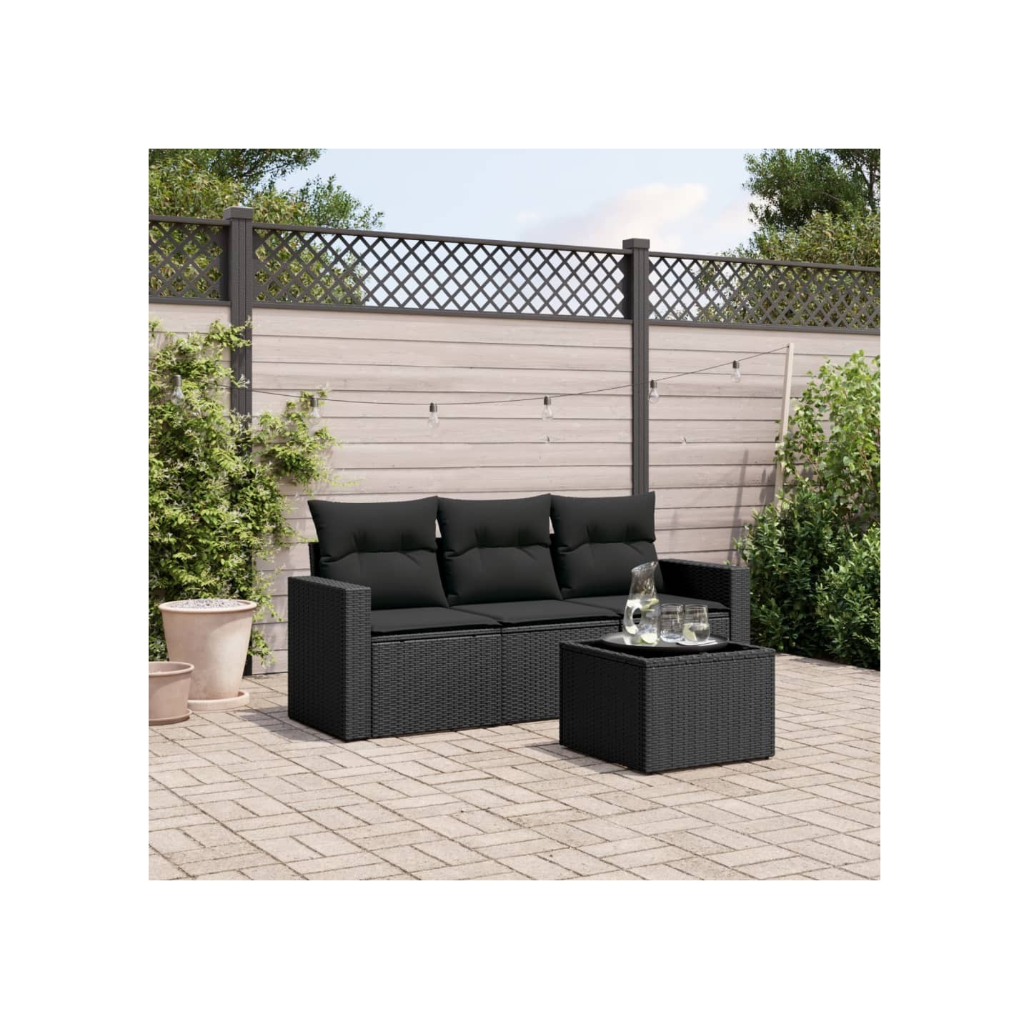 Salon de jardin 4 pcs avec coussins noir résine tressée