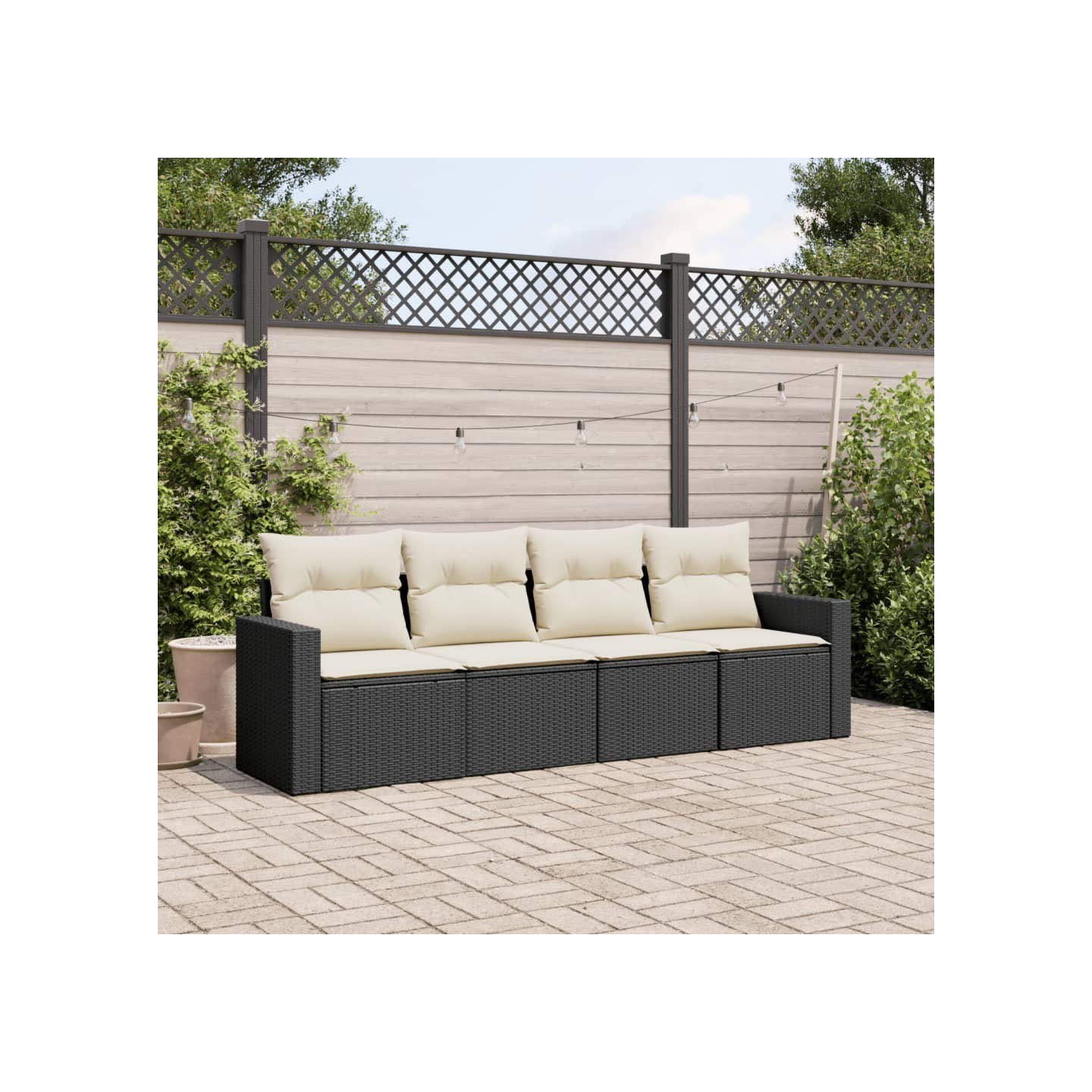 Salon de jardin 4 pcs avec coussins noir résine tressée