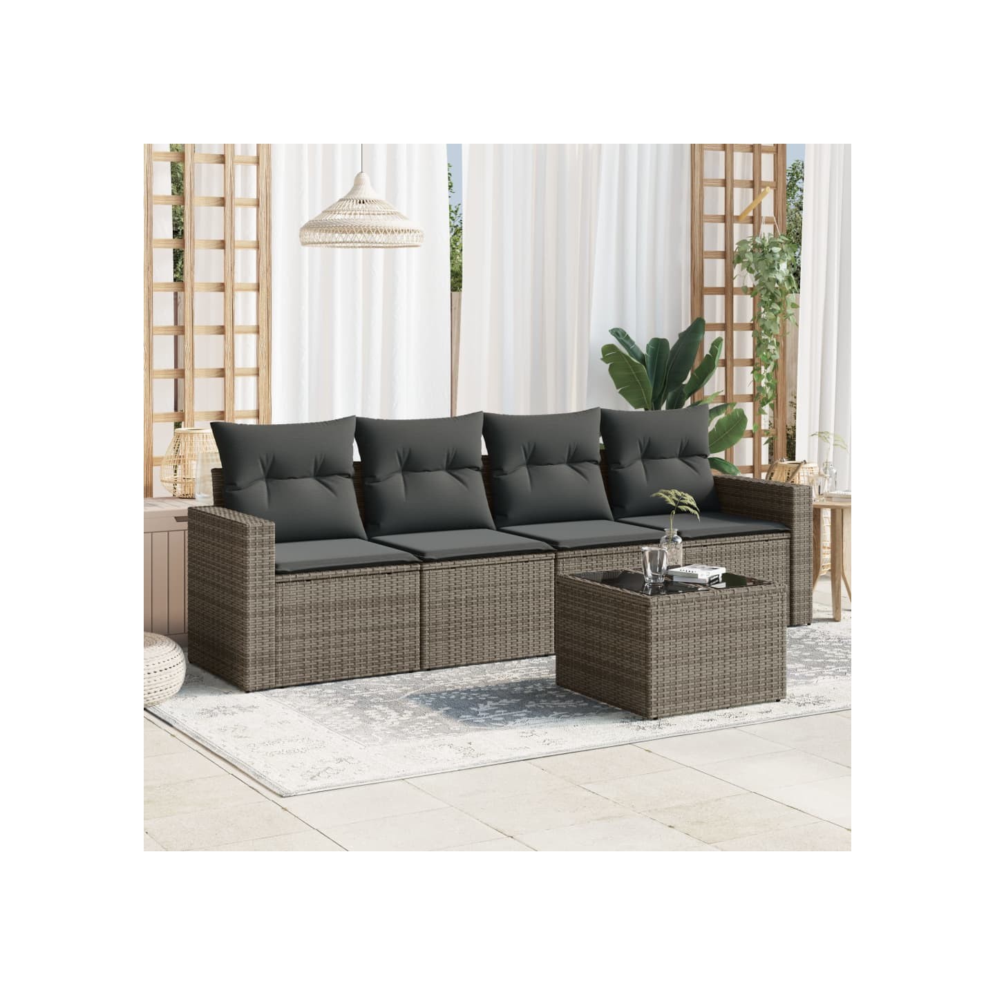 Salon de jardin 5 pcs avec coussins gris résine tressée