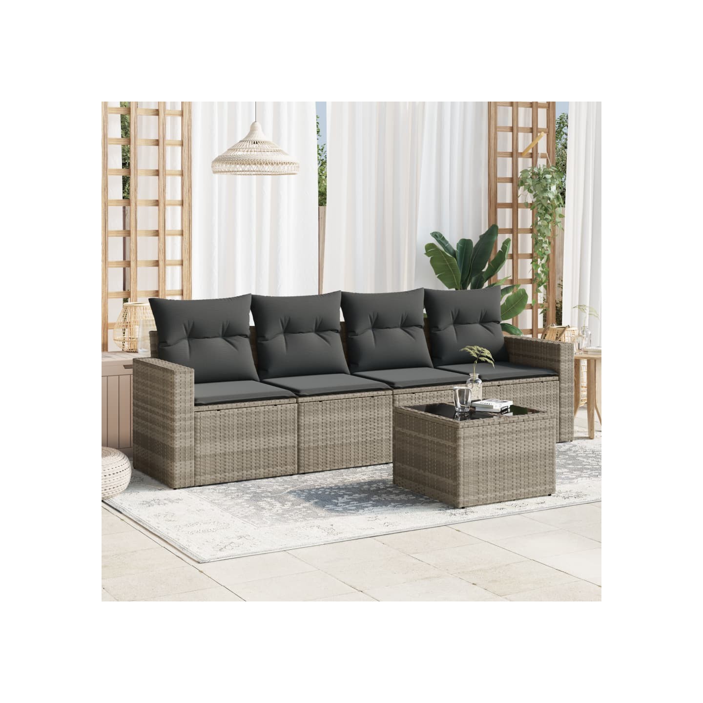 Salon de jardin 5 pcs avec coussins gris clair résine tressée