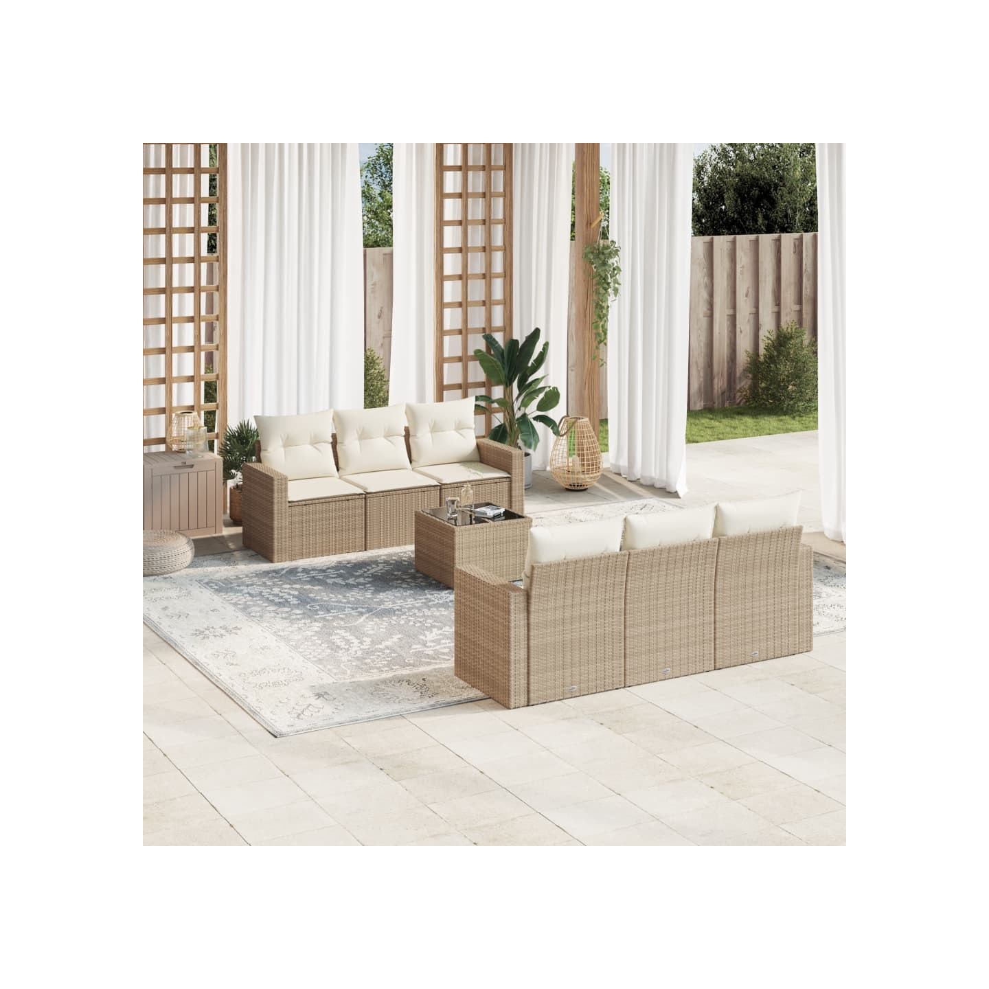 Salon de jardin avec coussins 7 pcs beige résine tressée
