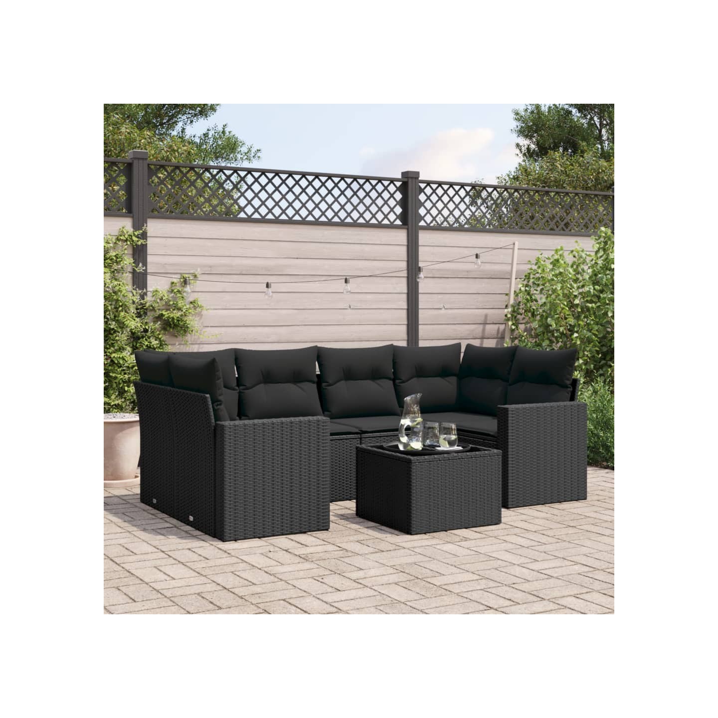 Salon de jardin 7 pcs avec coussins noir résine tressée