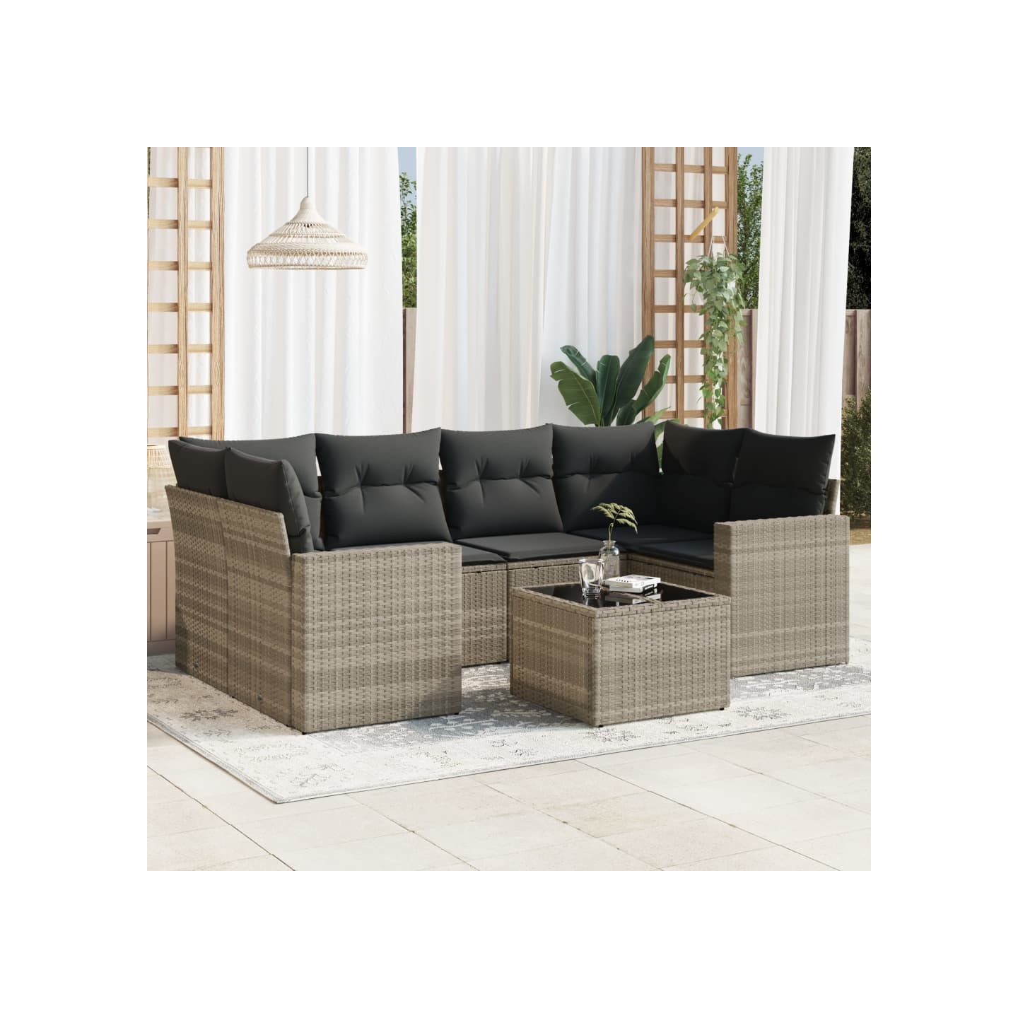 Salon de jardin avec coussins 7 pcs gris clair résine tressée
