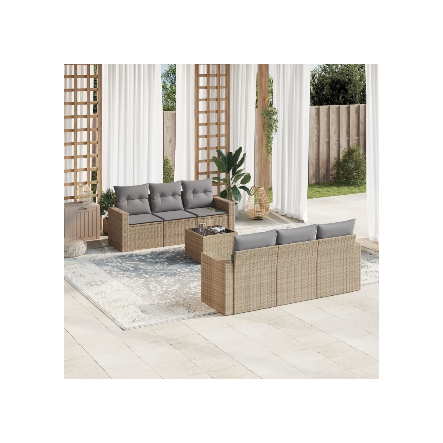 Salon de jardin avec coussins 7 pcs beige résine tressée