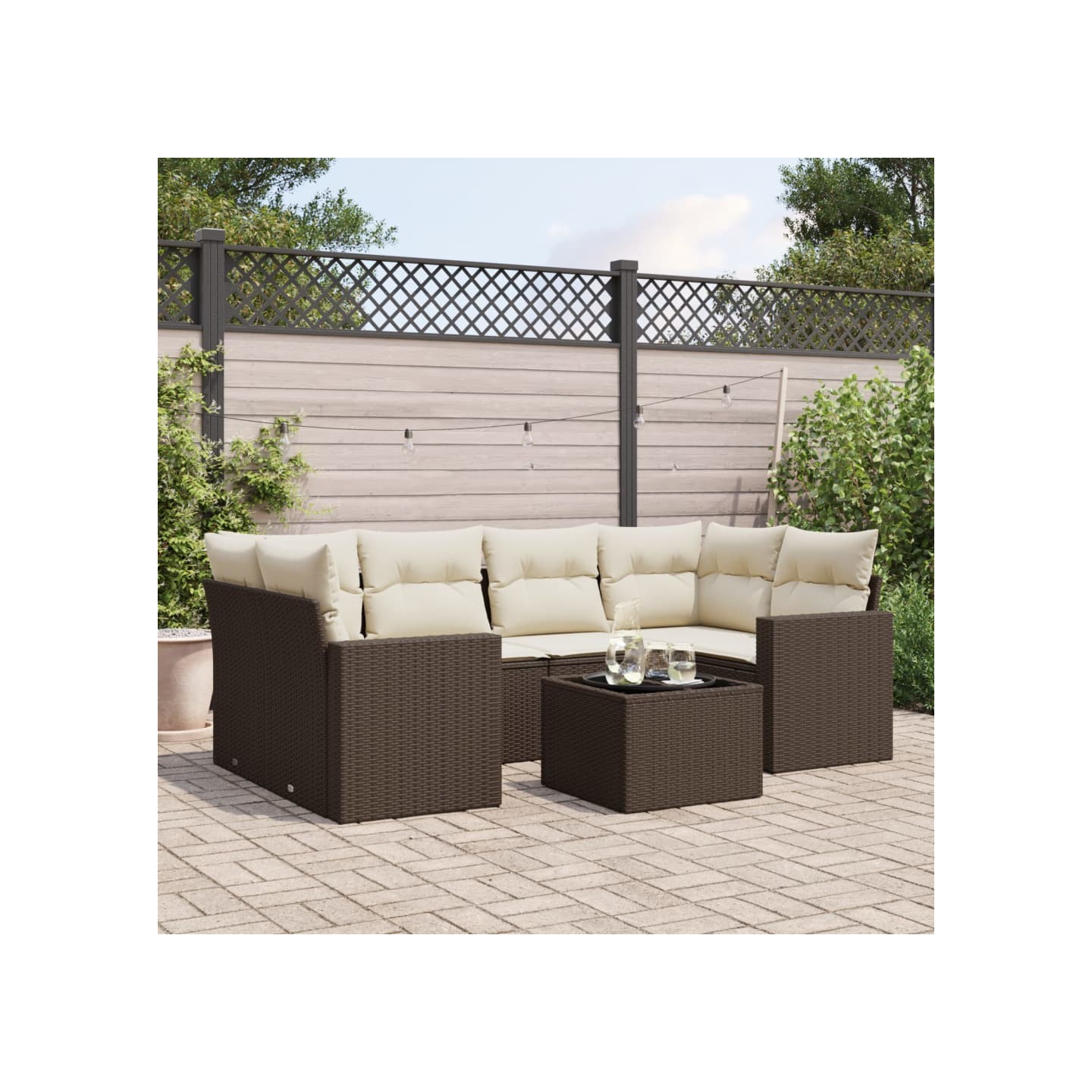 Salon de jardin avec coussins 7 pcs marron résine tressée