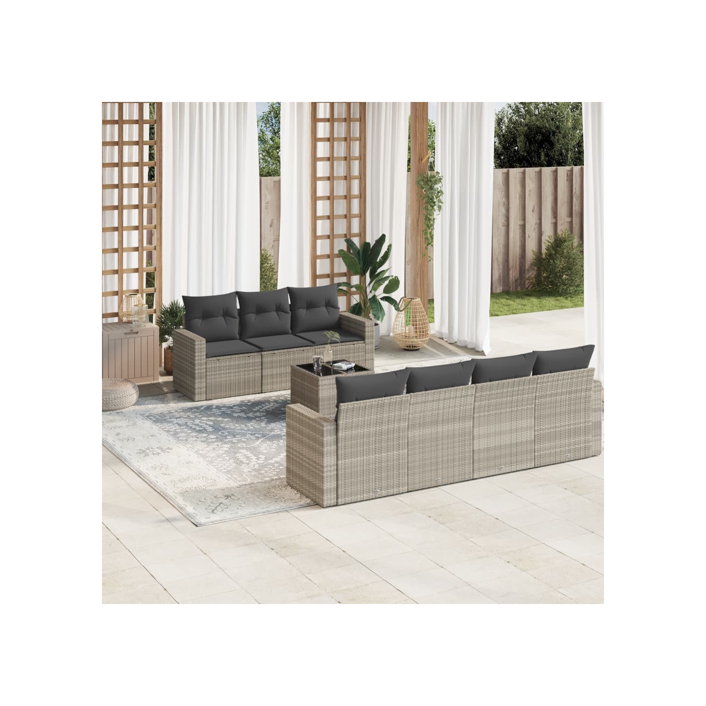 Salon de jardin 8 pcs avec coussins gris clair résine tressée