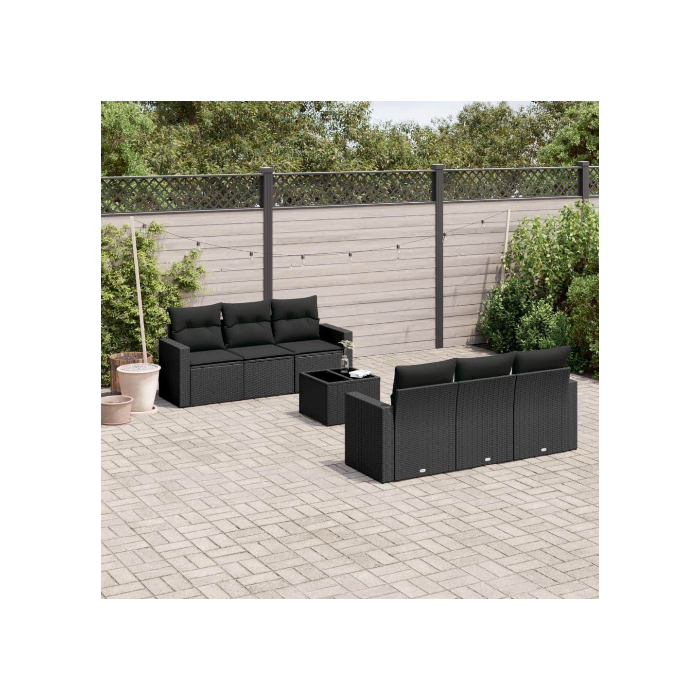 Salon de jardin 7 pcs avec coussins noir résine tressée
