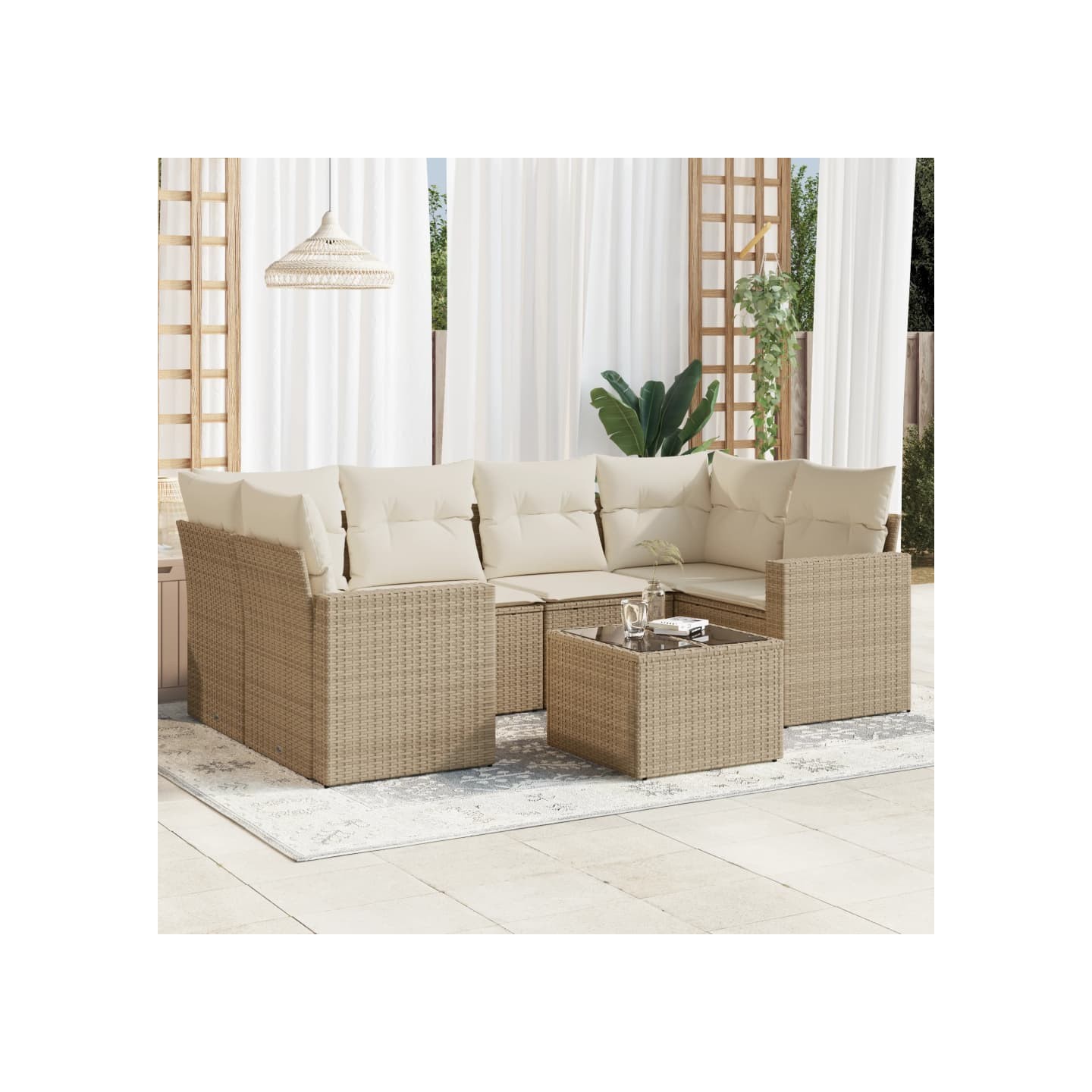 Salon de jardin avec coussins 7 pcs beige résine tressée