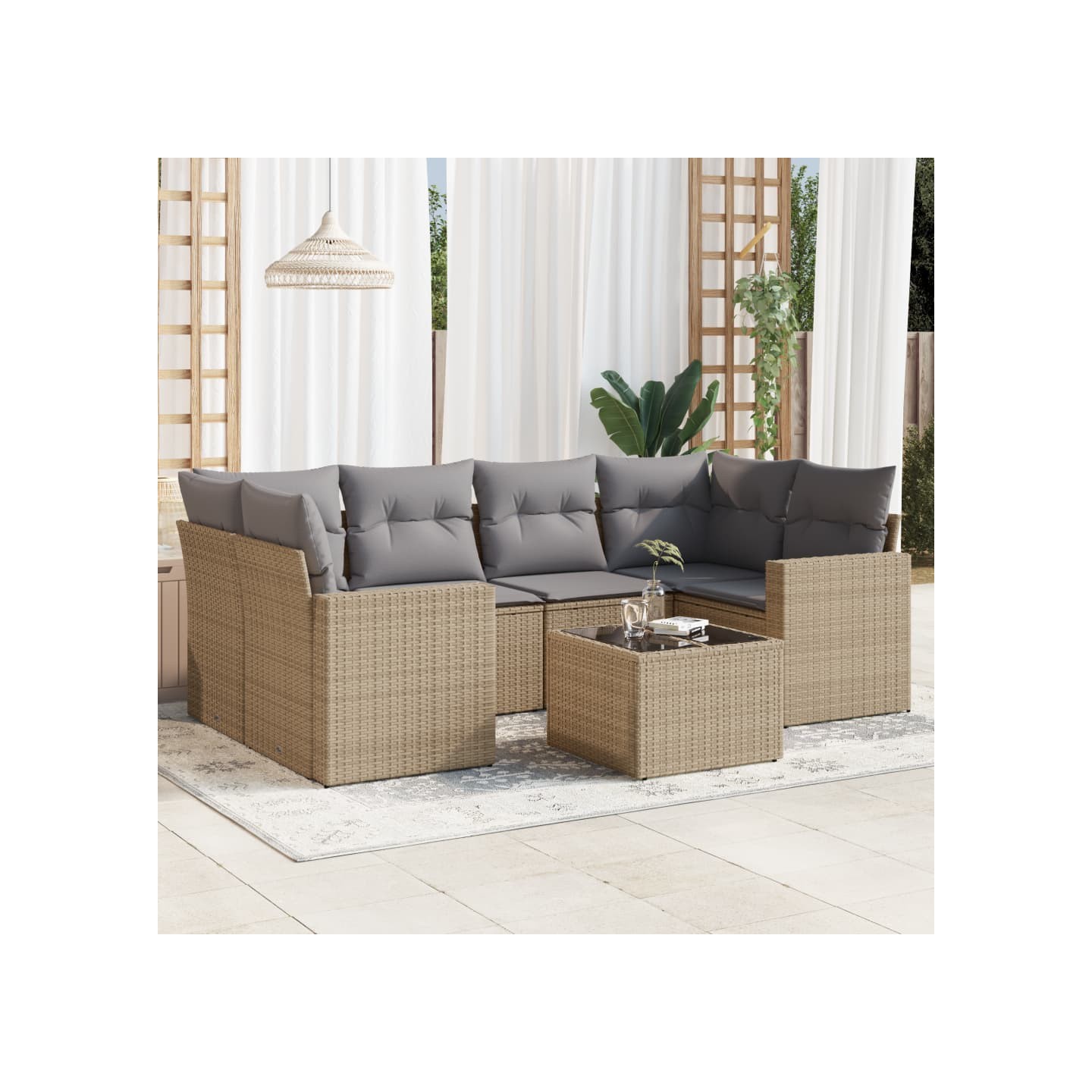 Salon de jardin avec coussins 7 pcs beige résine tressée