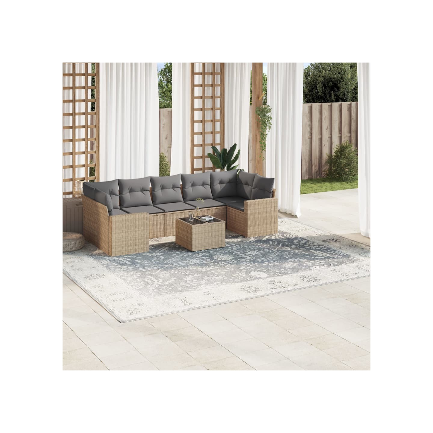 Salon de jardin avec coussins 8 pcs beige résine tressée